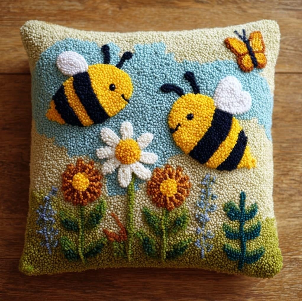 AxiangziK 43x43cm Latch Hook Pillow Craft Kit,Bees and Flowers