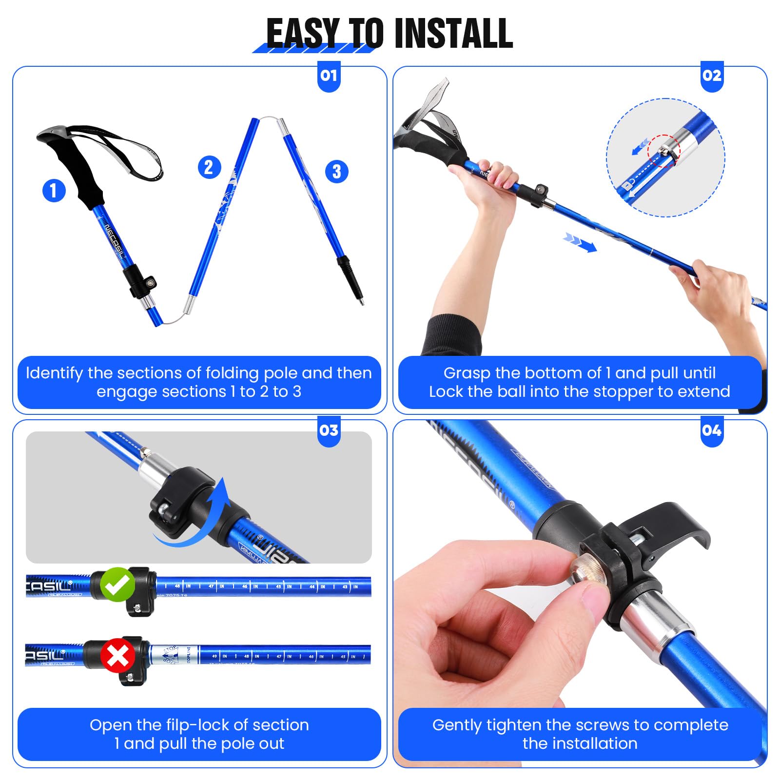 Bastoni Trekking Scuro,Bastoncini da Trekking Pieghevoli e Antiurto110-125cm, 2 Pezzi Nordic Walking Bastoncini,Ultraleggero per Zaini da Campeggio,per Escursioni,Montagna,Nordic Walking