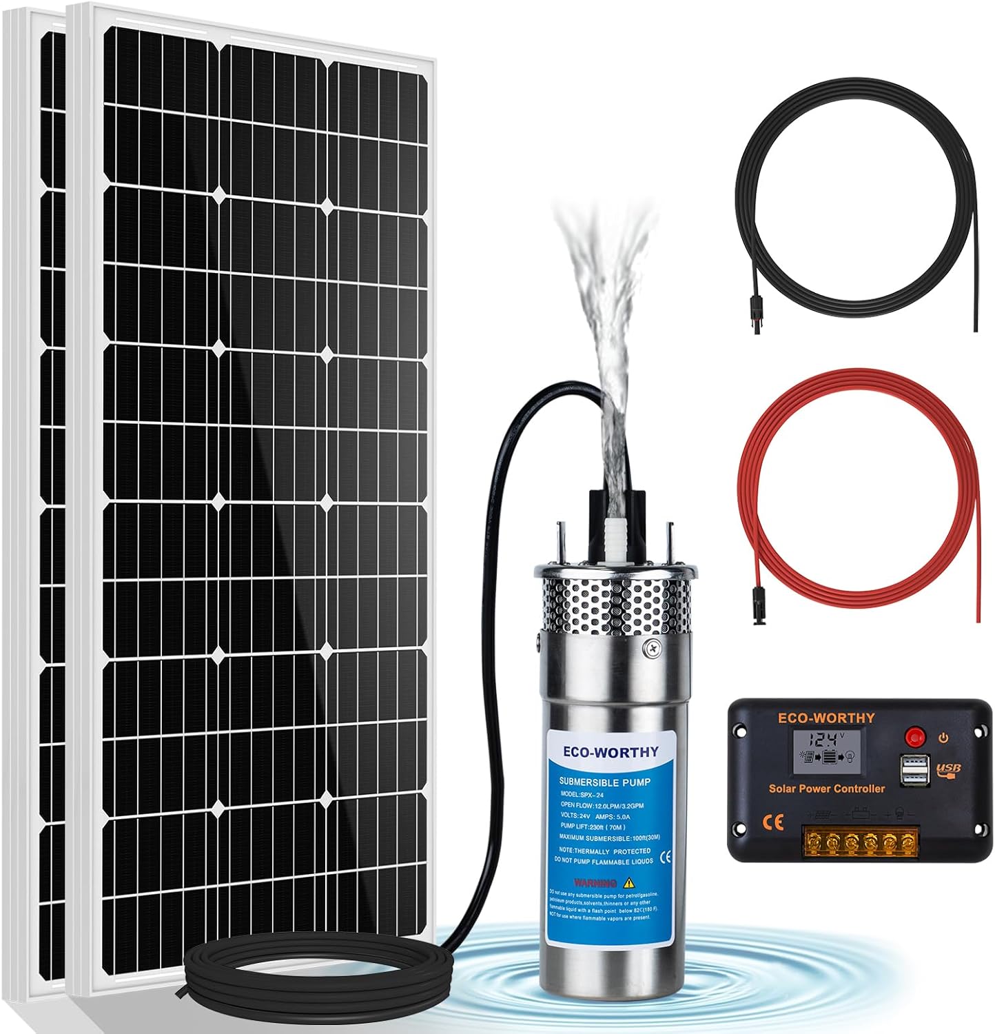 ECO-WORTHY 12V DC Solar Well Pump Kit – 200W Solar Panel Included, Submersible Water Pump, Portable Well Pump for Off-Grid Areas, Deep Wells, Irrigation, Water Tank Filling