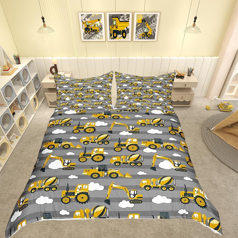 Juego de Funda de edredón para niños Excavadora de Dibujos Animados de camión Amarillo para grúa, Juego de Ropa de Cama para Tractor, 2 Unidades de tamaño Individual