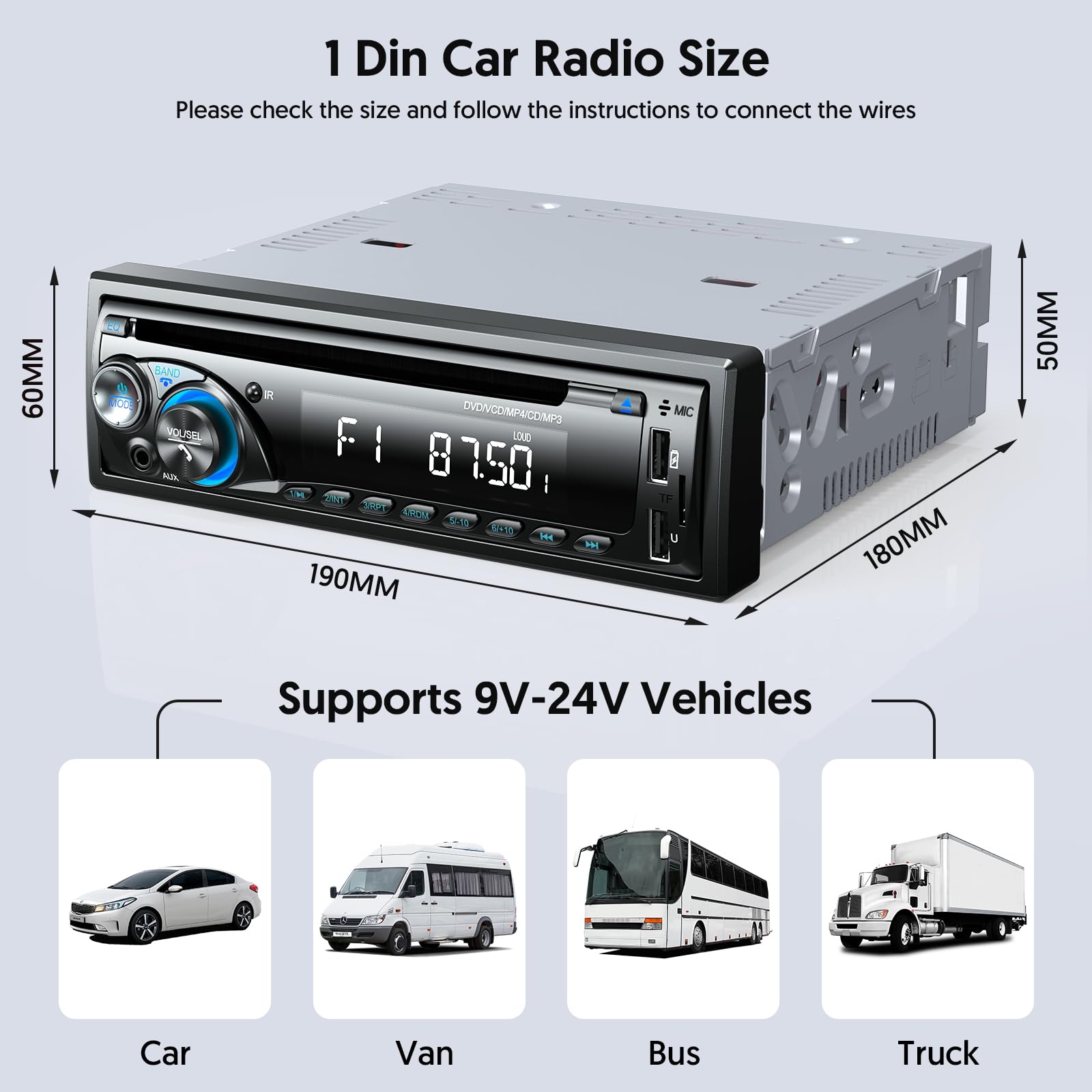 RDS Car Stereo Bluetooth with CD DVD Player, Wistrue FM/AM Car Radio Bluetooth Handsfree with 2 USB/SD/AUX, Single Din Car Stereo 7 Colors MP3 Player,Fits 9-24V Vehicles — view 8
