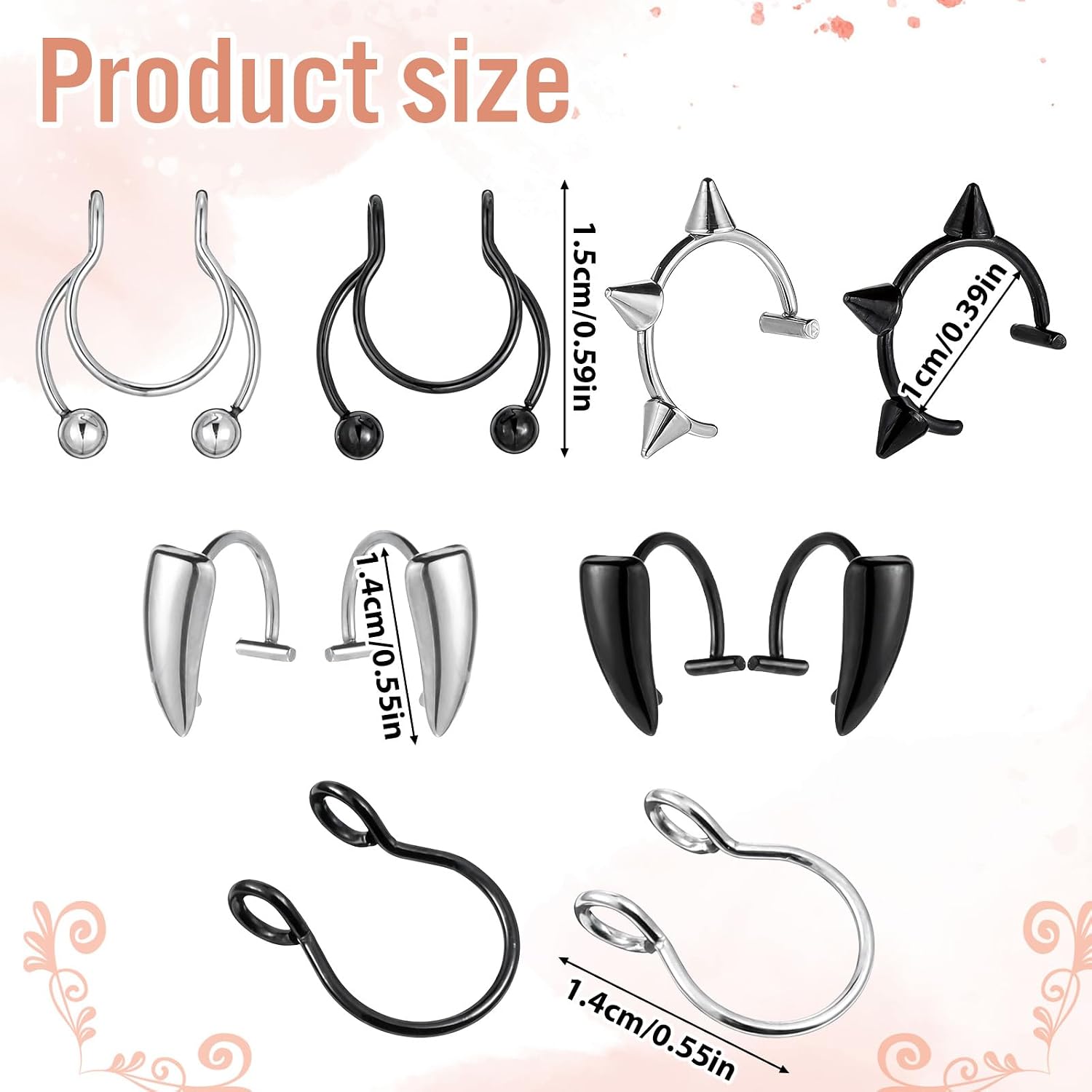 10PCS Fake Septum Rings Stainless Steel Fake Lip Ring Clip on Septum Piercing Adjustable Non-Piercing Lip Piercing Jewelry Double Hoop Nose Ring Clip On Helix Cartilage Hoop Earring Cuff for Women Men