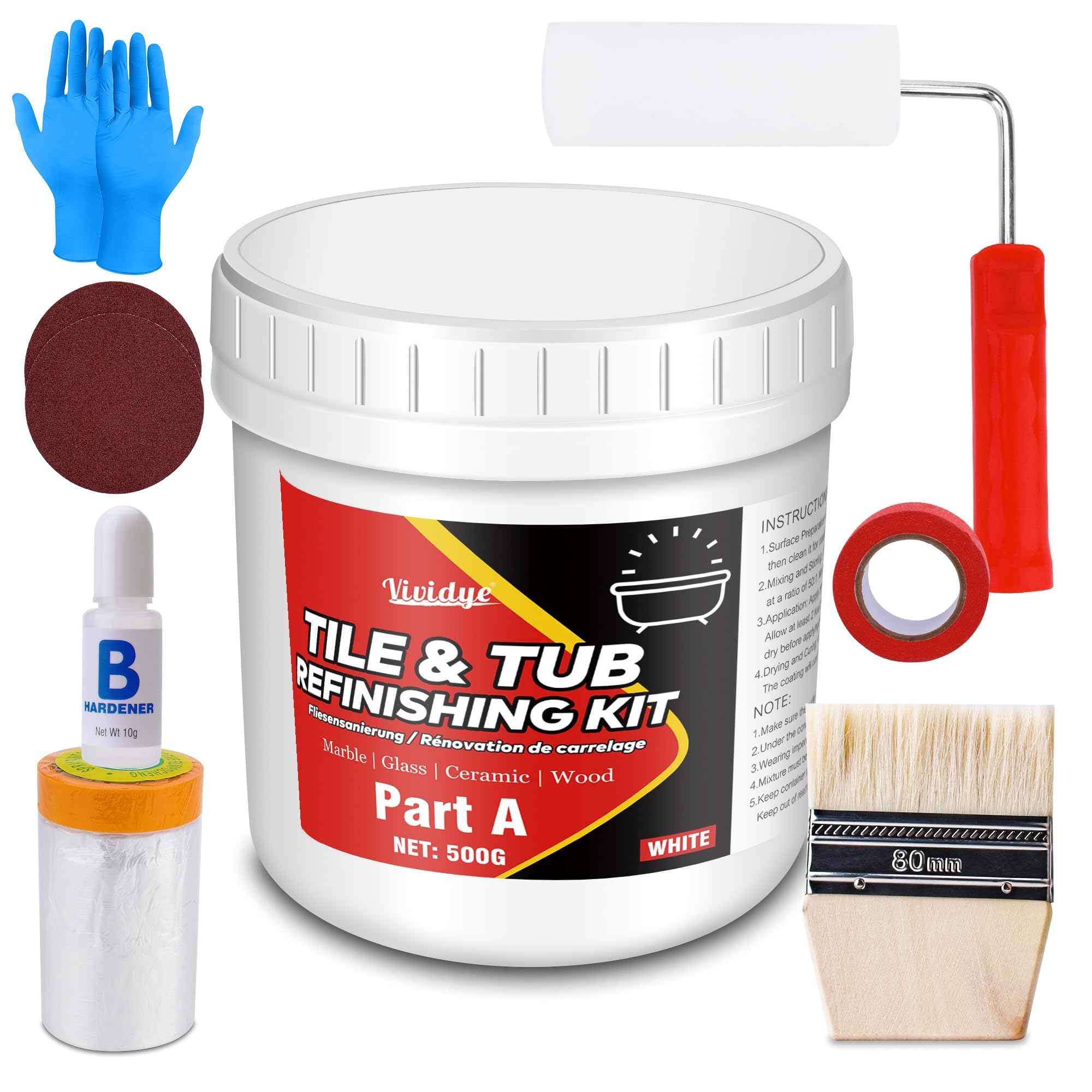 Vividye Tub and Tile Refinishing Kit, 500g Tub Refinishing Kit with Complete Tools and Hardener, Tile Paint for Bathtub, Countertop, Sink, Floor, Wall, Kitchen, Gloss White, Waterproof ＆ Voc Free