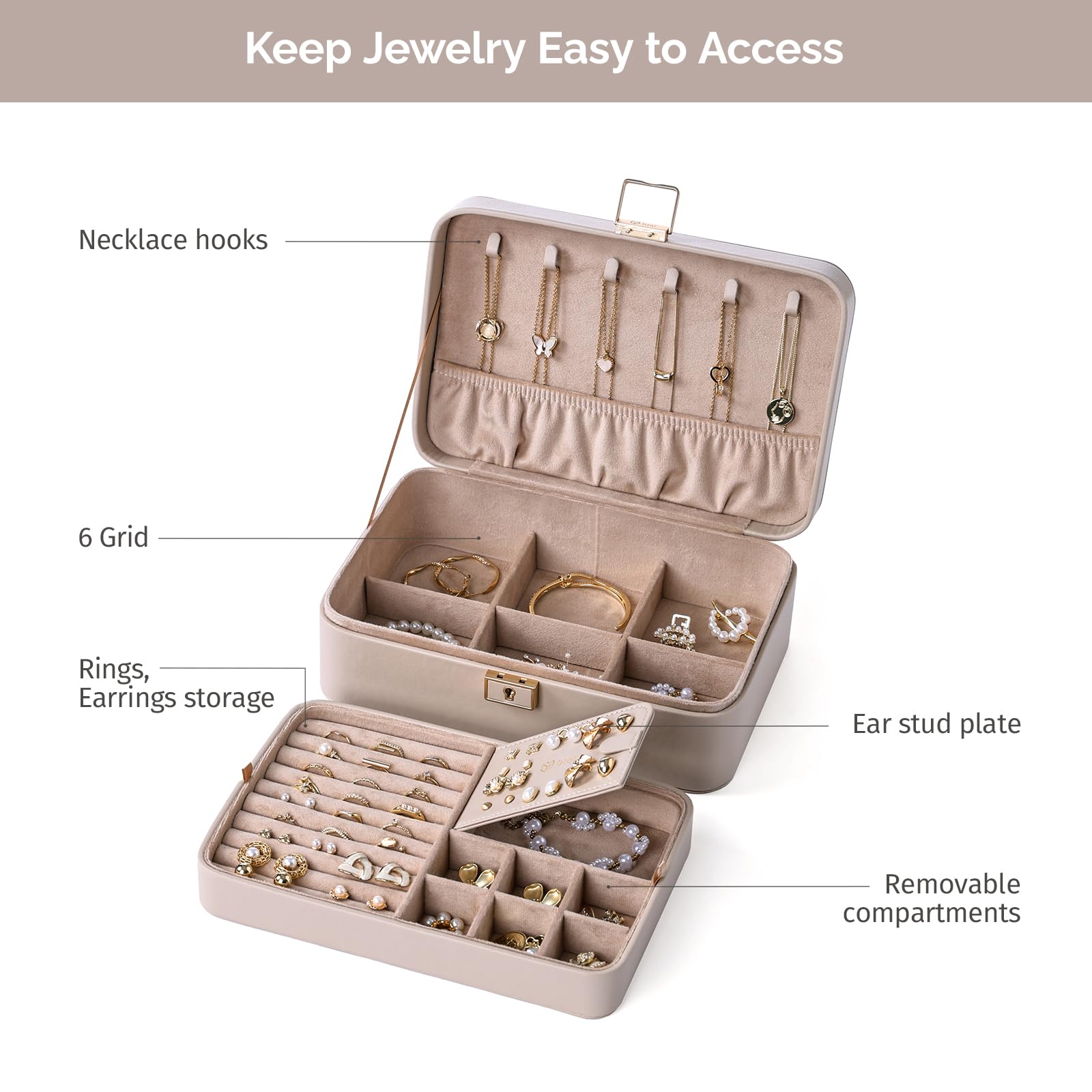 Joyero de 2 capas, organizador de joyas de piel sintética con cerradura, bandeja de joyería extraíble, almacenamiento de joyas para aretes, collares, anillos, regalo ideal para mujeres,