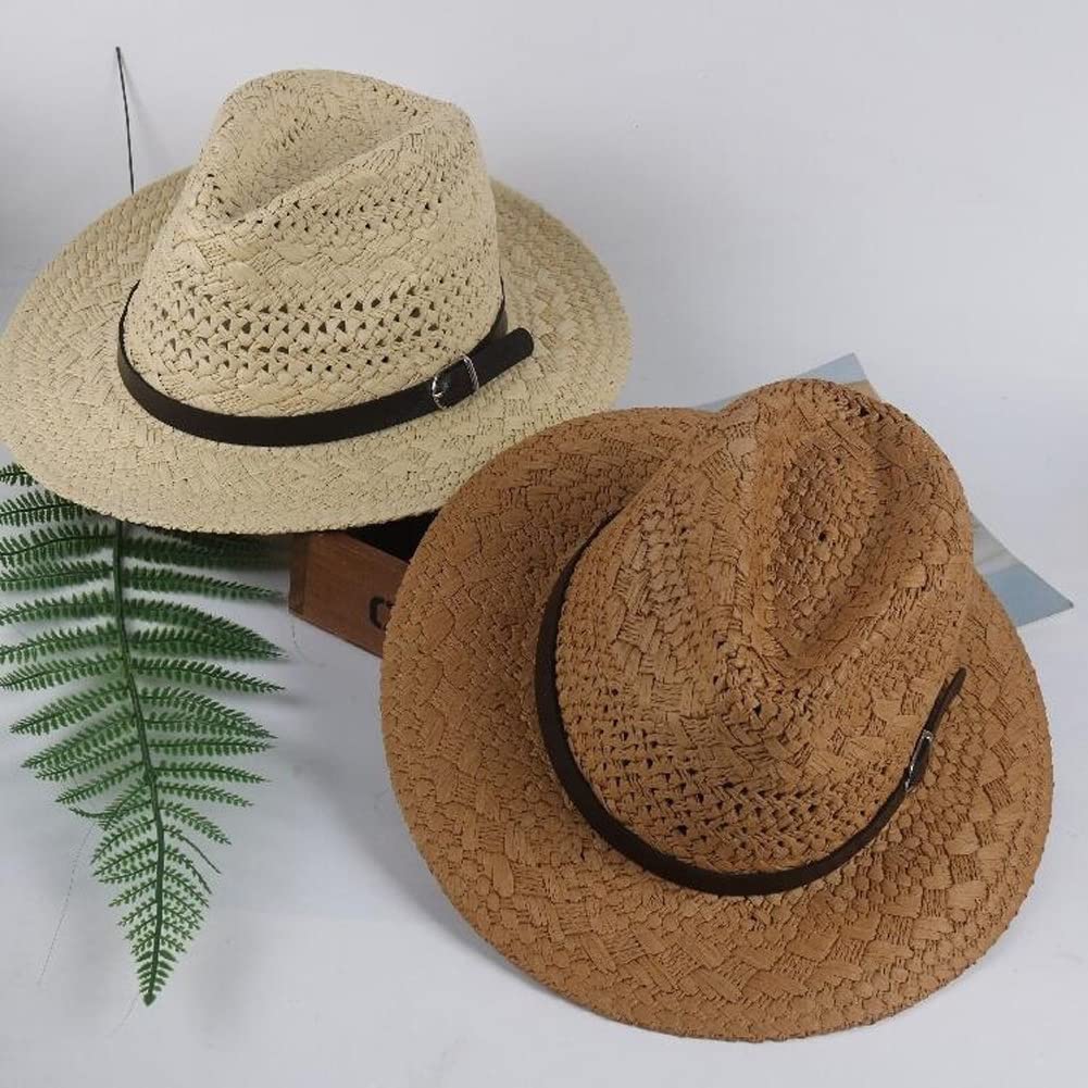 Homme Chapeau de Cow-Boy Fait Main Panama Chapeau de Paille Été Large Bord Anti-Soleil Chapeau de Fedora et Trilby Réglable Femme Chapeau de Soleil Plage Loisirs Anti-UV Chapeau de Jazz Hip-Hop