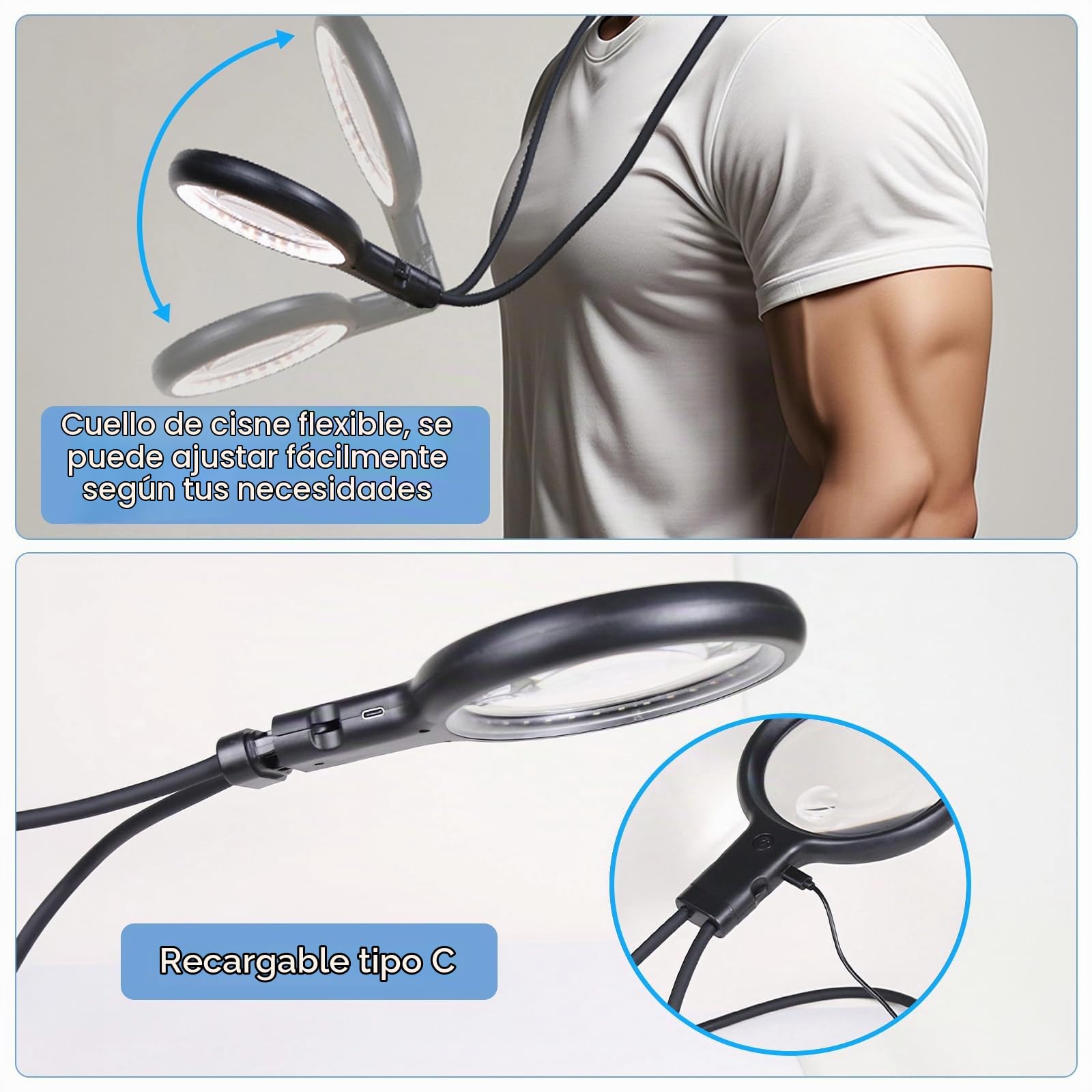 Cuteefun Lupa 5X/15X con Luz, Lupa Lectura de Cuello Manos Libres | 3 Modos Color, Brillo Ajustable, Lupa de Cuello de Cisne Flexible Recargable para Mayores, Costura, Reparaciones, Leer libros