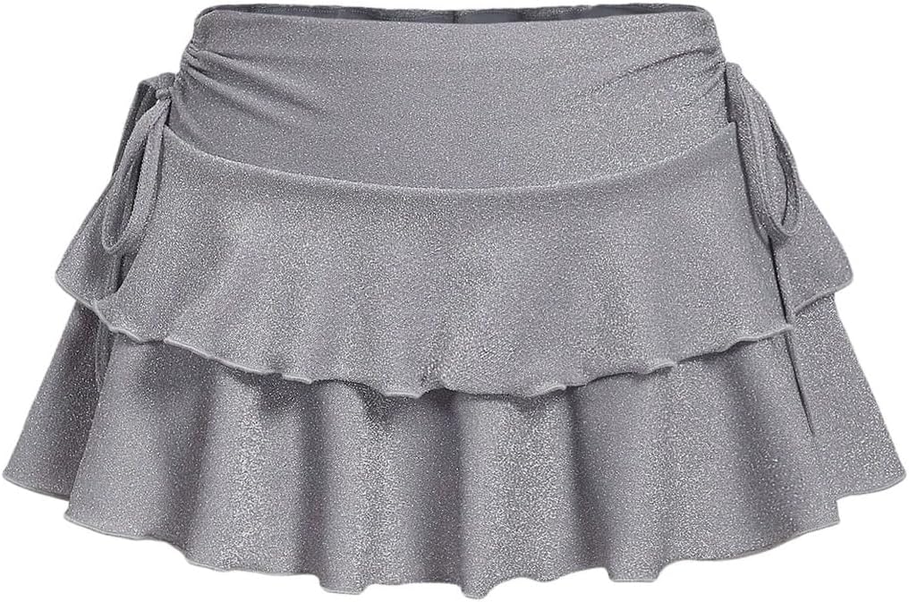 SOLY HUX Women's Glitter Ruffle Mini Skirt Y2k Drawstring Layered A Line Flowy Skirts with Shorts Underneath
