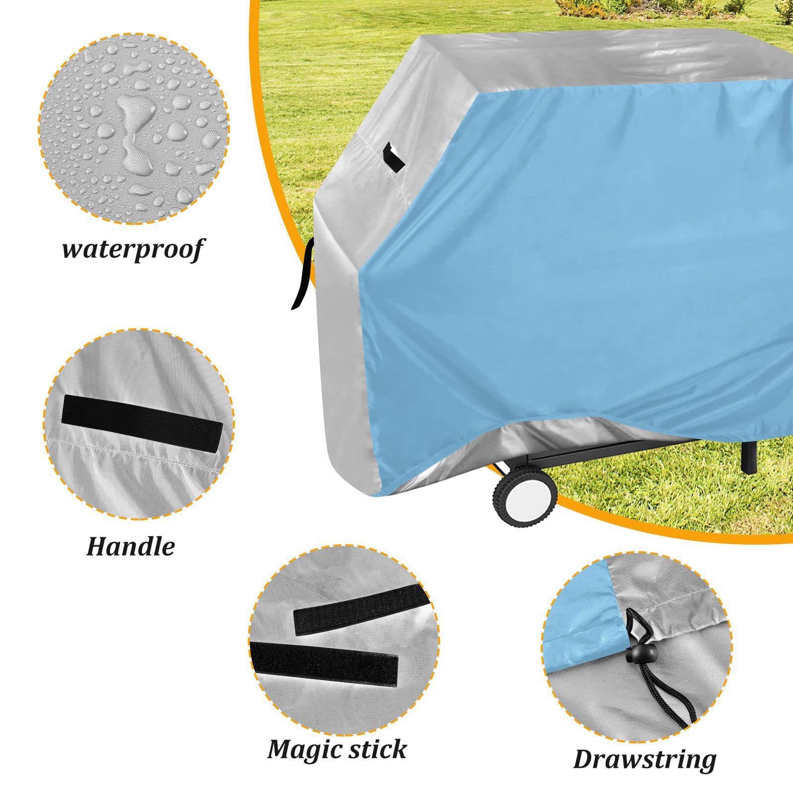 65 Zoll BBQ Grillabdeckung Wasserdicht & UV-beständig Outdoor Grill Gasgrill Schutz Verstellbarer Kordelzug Staub- & Windabweisend Hellblau