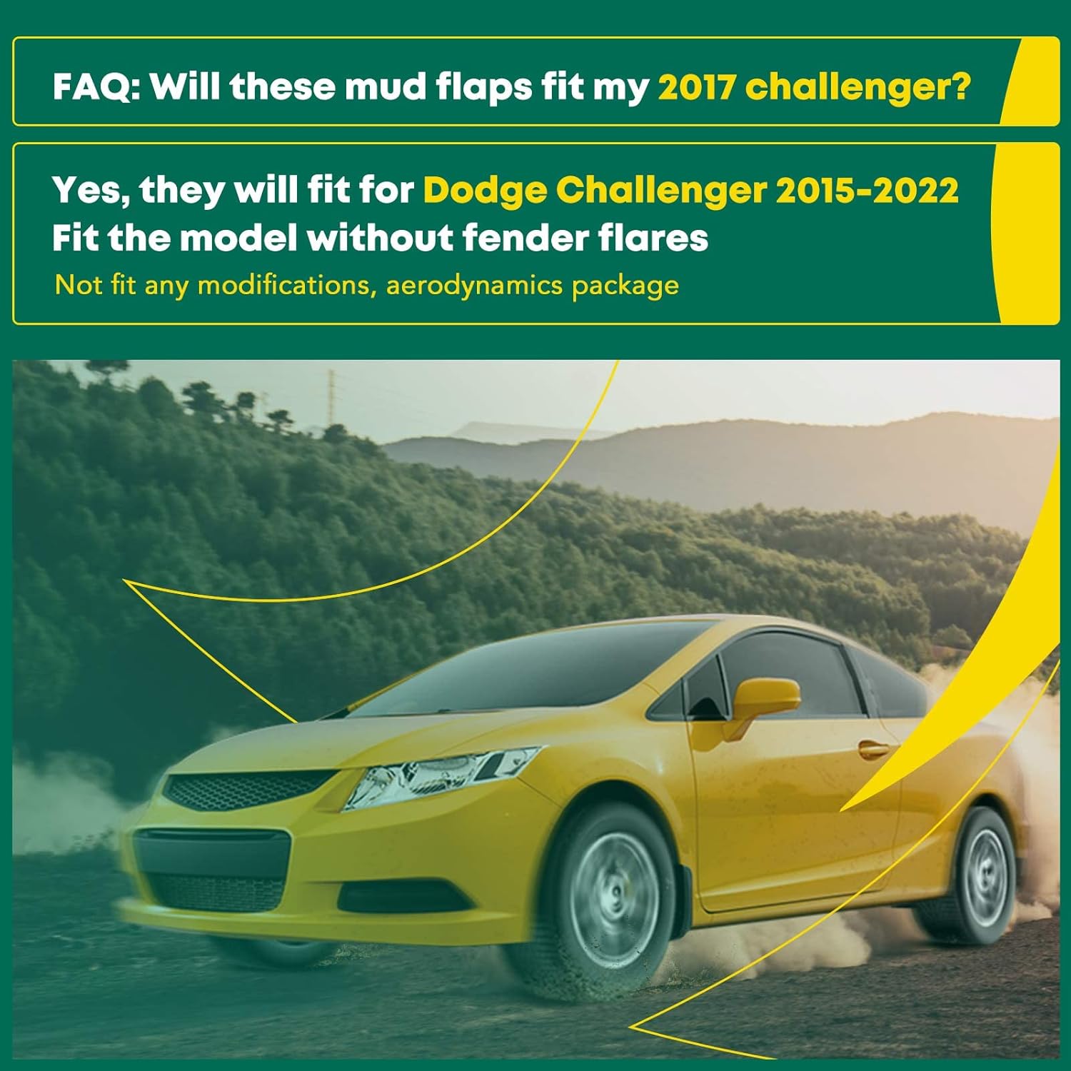 YHTAUTO Set of 4 Mud Flaps Splash Guards Accessories Replacement for Dodge Challenger 2015-2022 Coupe, Without Factory Fender Flares, Front and Rear LH RH, Black