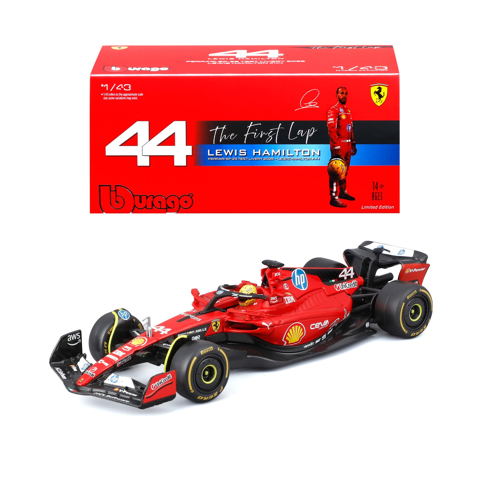 Bburago - Ferrari SF-23 Fiorano Test Lewis Hamilton, 1:43 Scale Diecast Car, Detailed Replica of the First Official Test 2025, Number 44, Display Case, Ferrari Licence, Recommended Age 14+