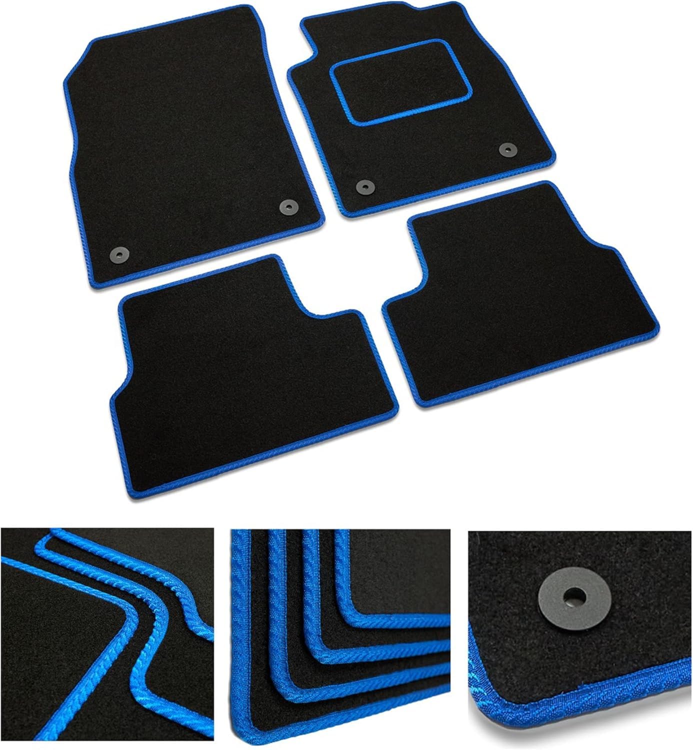 Tailored Car Mats - Compatible with Toyota Aygo 2005-2010 - Black Carpet - Non-Slip Carpet Mat - 4 Piece Floor Mats with 1 Clip - Blue Trim