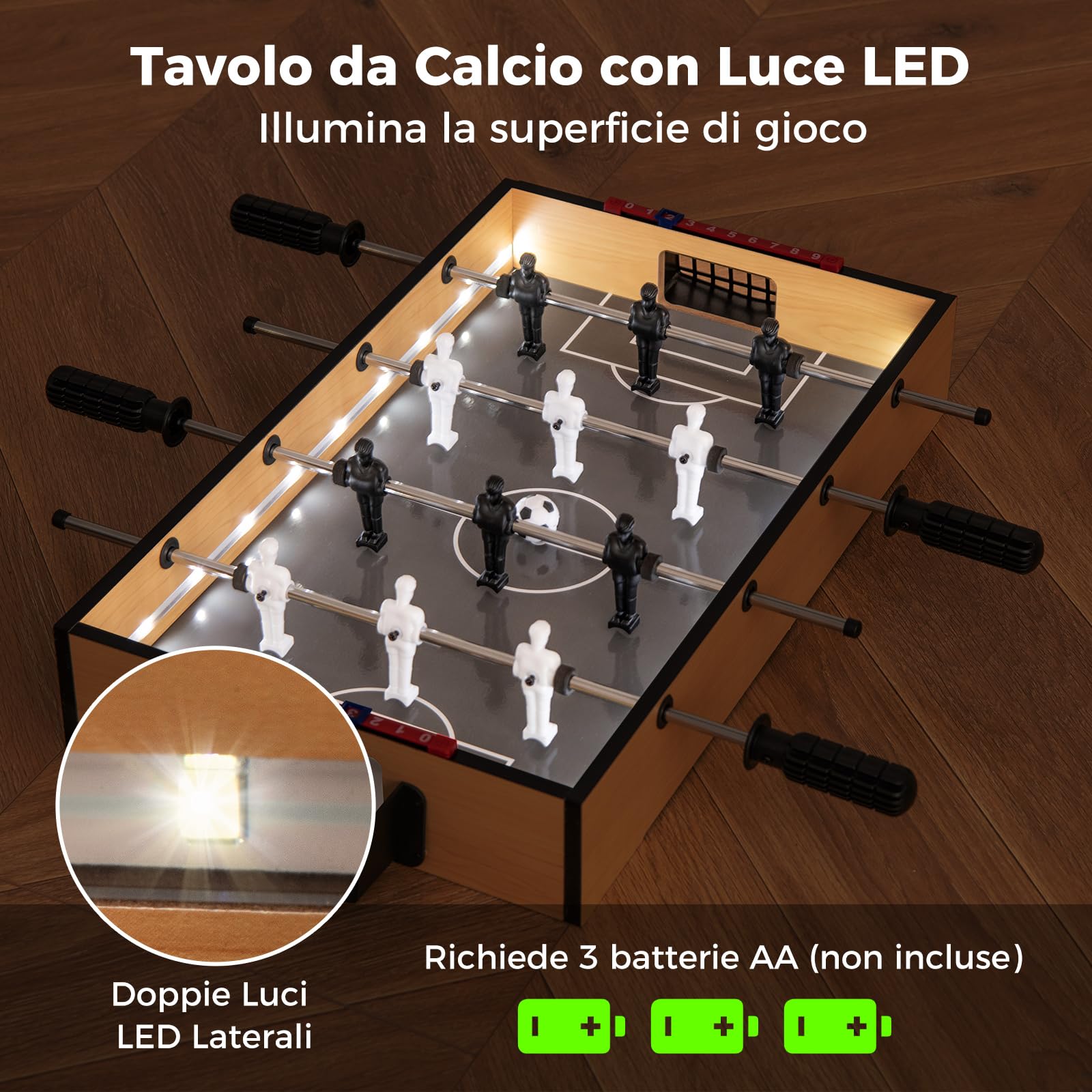 COSTWAY Calcio Balilla, Calcetto da Tavolo con LED Maniglia Antiscivolo 2 Palloni, Biliardino per Feste, Bar, Sala Giochi, 51x30,5x8 cm