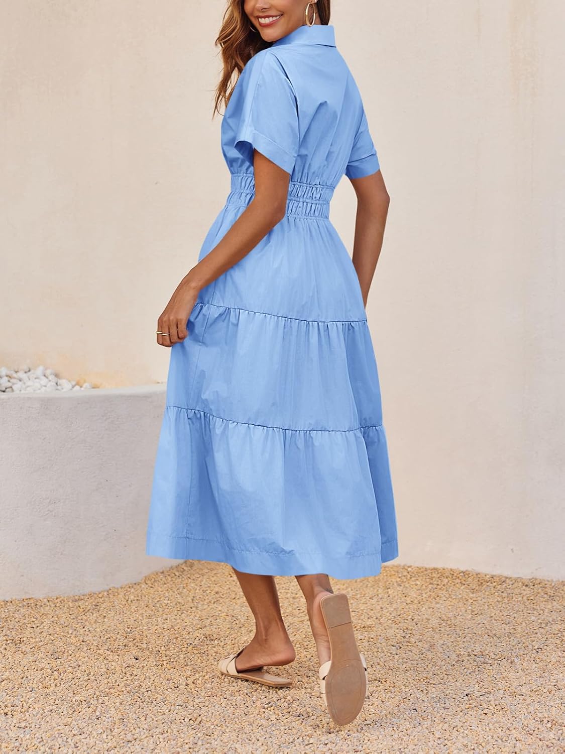 Wenrine Womens Summer Short Sleeve Maxi Dresses Casual V Neck Smocked Loose Tiered Flowy Shirt Dress with Pockets - Image 5