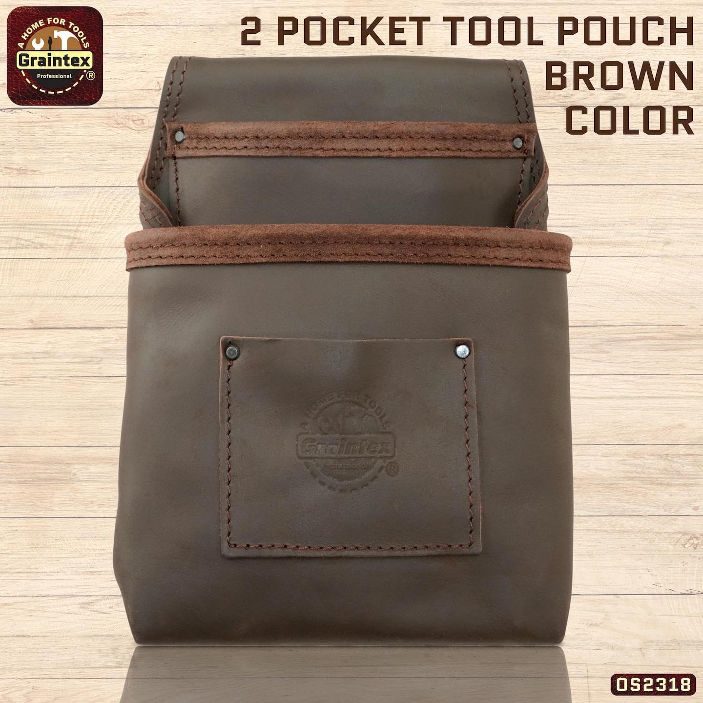 Graintex OS2318 2 Pocket Nail & Tool Pouch Top Grain Oil Tanned Leather for Framers, Constructors, Electricians, Plumbers, Handyman Brown