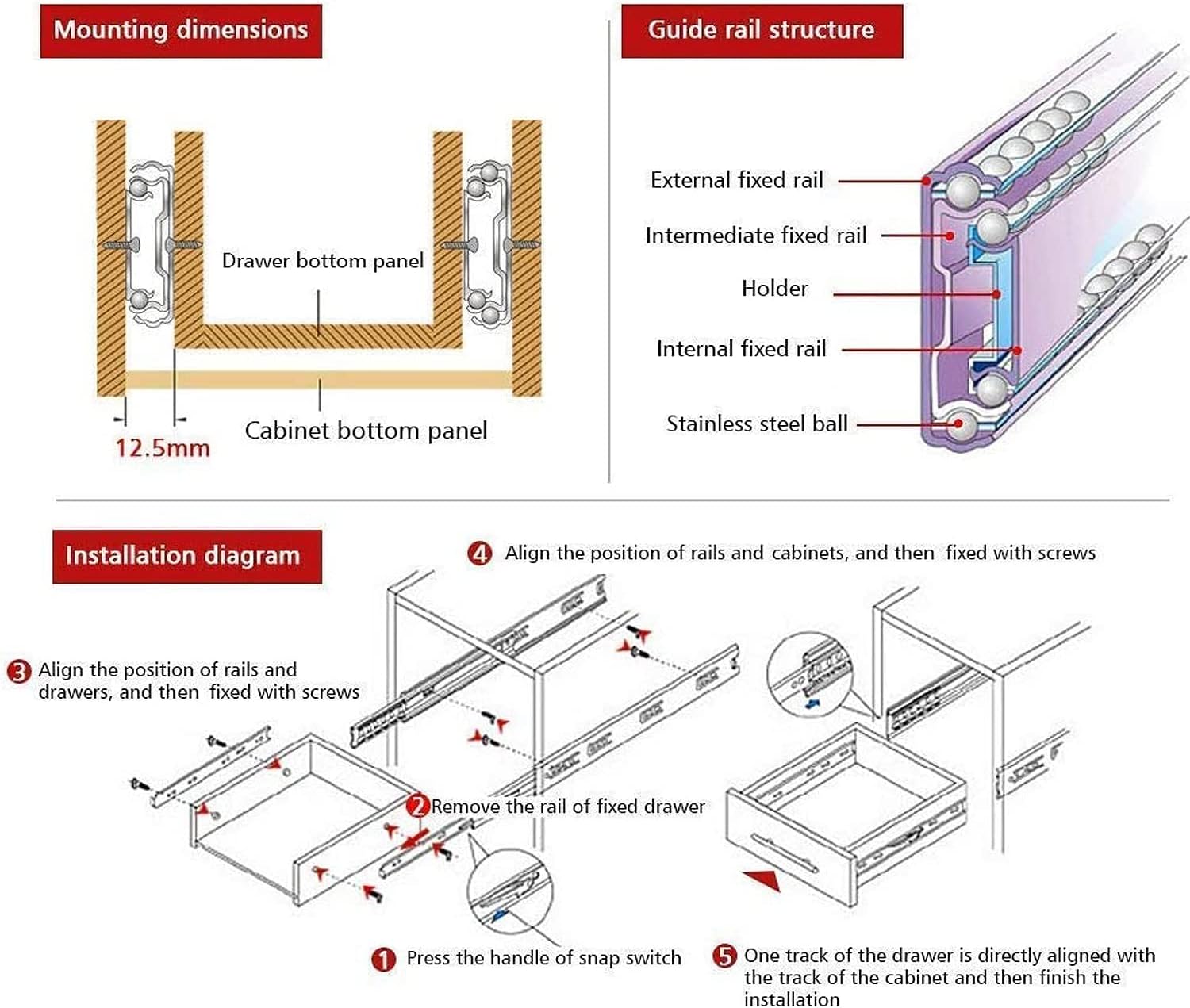 Drawer Slides 6 Inch Ball Bearing Full Extension 3 Section Slide Track Mounting Drawer Runners Slider for Cabinet Home Furniture, 2 Pack(Sliver 6 Inch