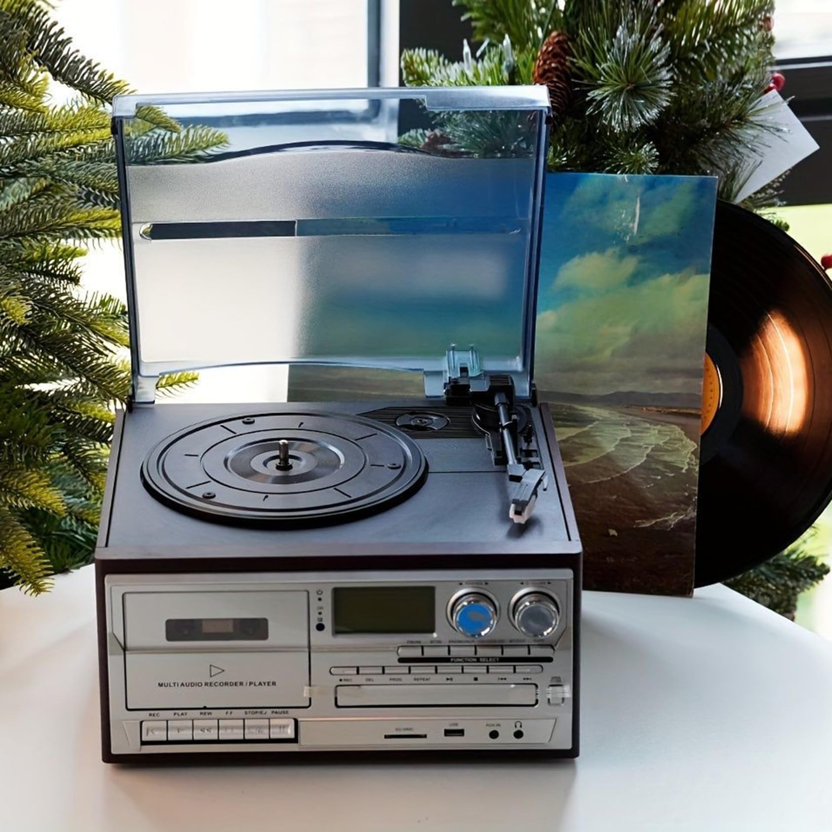 Retro Gramofon Bluetooth Z Wbudowanymi Głośnikami, Odtwarzacz CD I Kaset - Mniej Hałasu, Matowa Osłona Przeciwpyłowa, 3-Biegowy Gramofon, Do Rozrywki