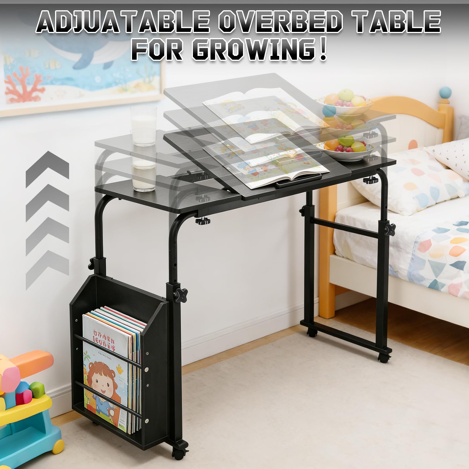 Mesa para cama superior con ruedas, mesa de aseo, altura regulable 60-90 cm, ancho ajustable 80-120 cm, con tablero inclinable y caja de almacenamiento, carrito portátil para cama, sofá u