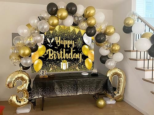 Miniatura 4 de Juego de mantel de fondo de feliz cumpleaños negro y dorado con texto en inglés "Happy Birthday", decoración de regalo, 7 x 5 pies y mantel de