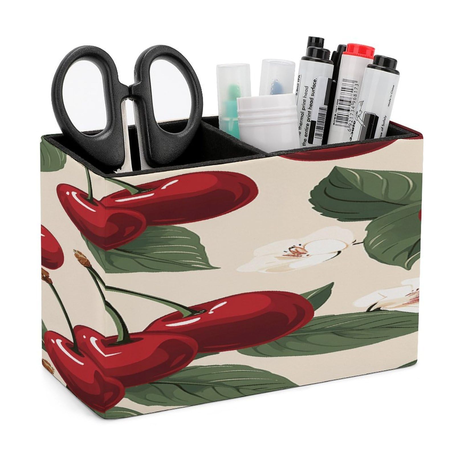 VstaDank Red Cherry Pattern Pen Holder Double Compartments Pen Cup Fashion Makeup Brush Holders Leather Pencil Holder for Work Locker Accessories Modern Pencil Cup for Desk Organizer