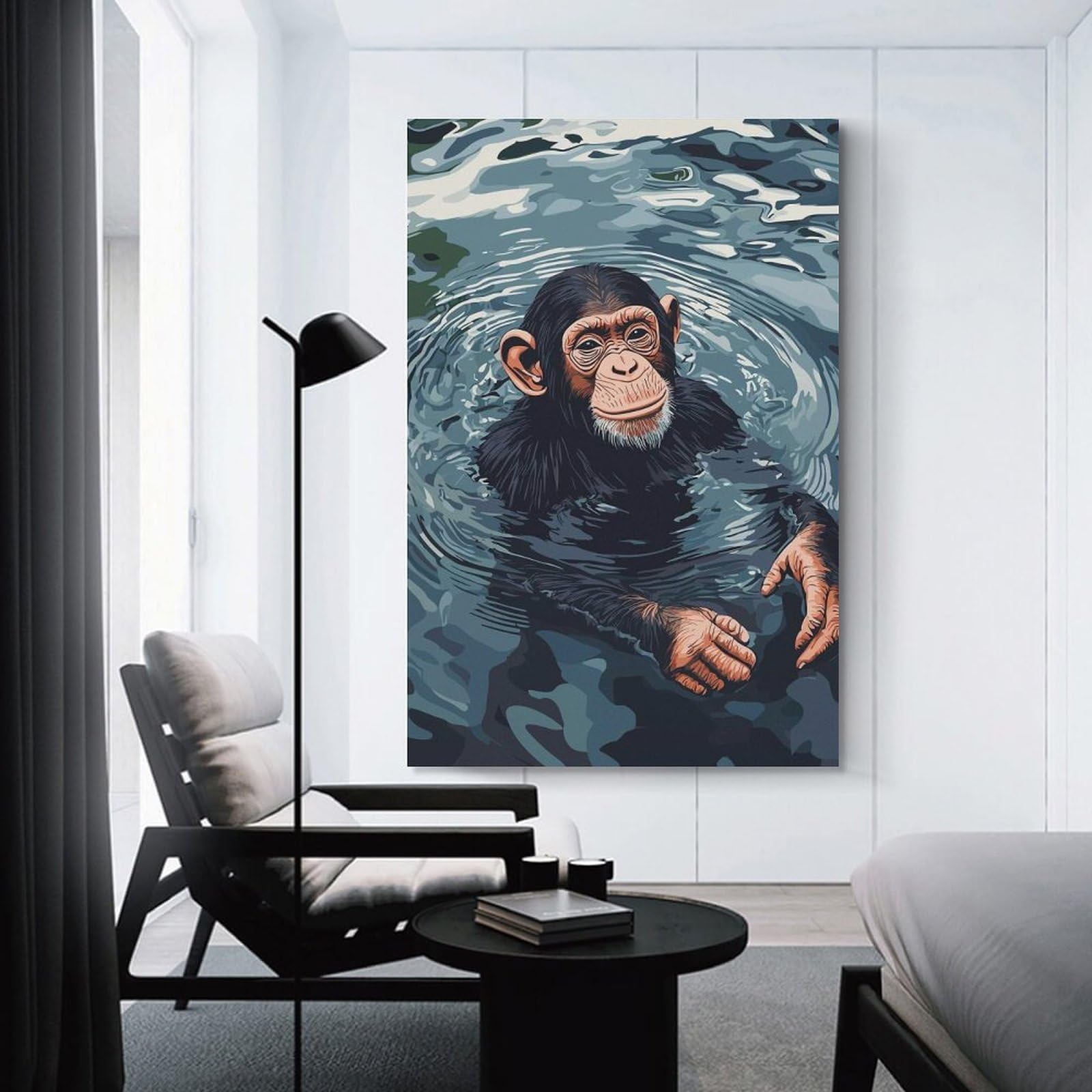 Junmoney Chimpanzee Swimming in Water Home Decor Wall Art, 24x36inch(60x90cm), for New Homes, Bedrooms Or Workspaces, Gift Idea for Housewarming And Birthdays