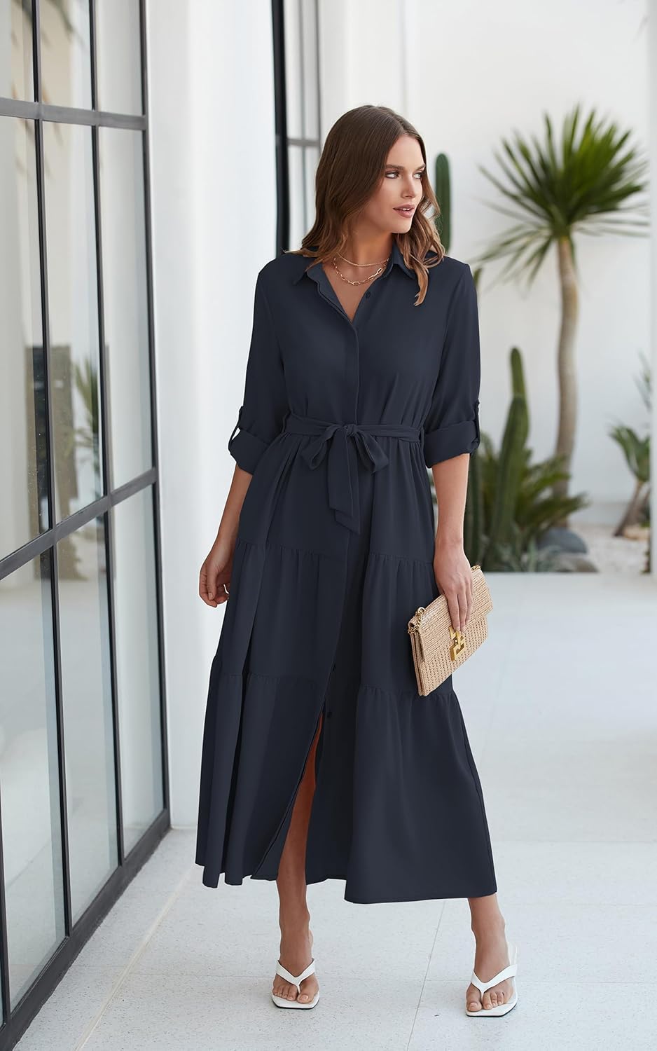 ECOWISH Women's Maxi Shirt Dress - 2026 Long Sleeve Button Casual Fall A-line Work Tiered Dresses with Belt and Pockets - Image 6