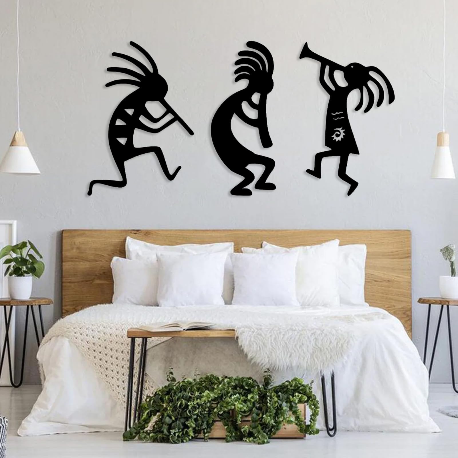 JOYHIVECC Kokopelli - Trio, decorazione da parete in metallo sud-ovest sud-occidentale, decorazione da parete per camera da letto, 3 pezzi, nero (inchhi