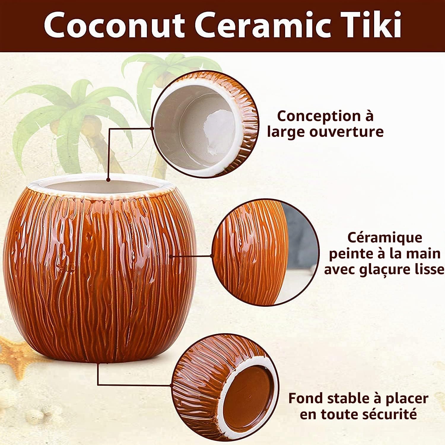 Set de 4 Tiki Mugs Coco en céramique, verres à cocktails tropicaux, lot de tasses tiki pour boissons exotiques et cocktails hawaïens, design noix de coco, ambiance festive et estivale