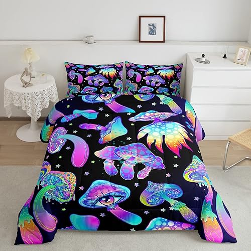 Juego de edredón de hongos, tamaño Queen, juego de ropa de cama botánico kawaii psicodélico de plantas psicodélicas para niños, niñas, adolescentes