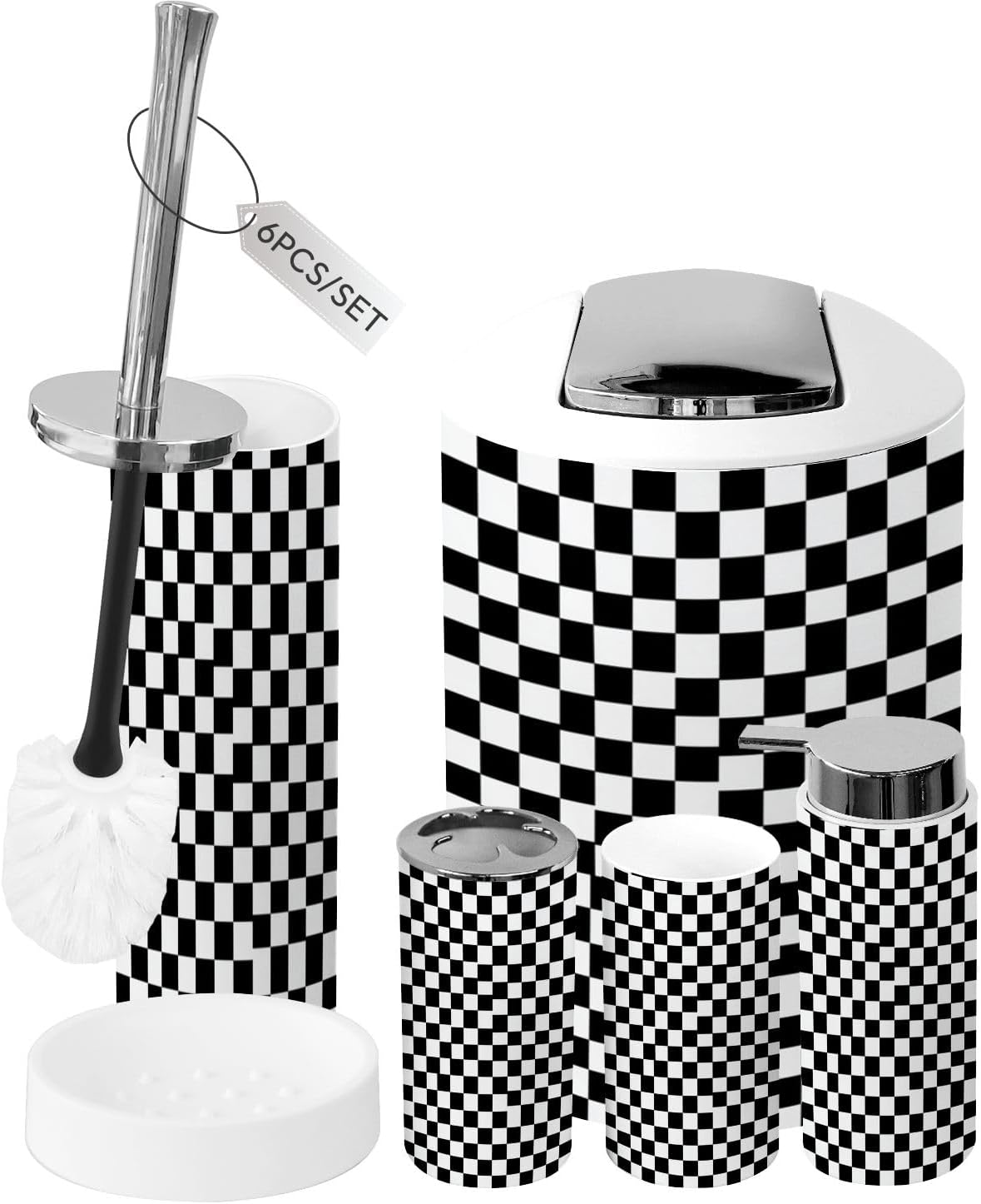 Bathroom Accessory Set 6 Piece Checkerboard Black White Checkers Chess Square Trash can, Toothbrush Holder, Toothbrush Cup, Soap Dispenser, Soap Dish, Toilet Brush Holder