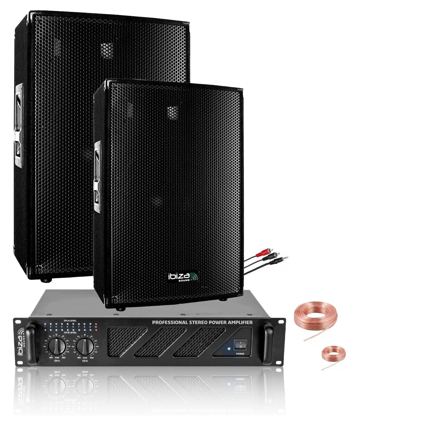 IBIZA Sound Light - Pack Sono 2160W Total Ibiza Sound 2 Enceintes 3 Voies 2x600w - Ampli Ventilé 2x480w - Câblage - Idéal Salle des fêtes Club Mariage