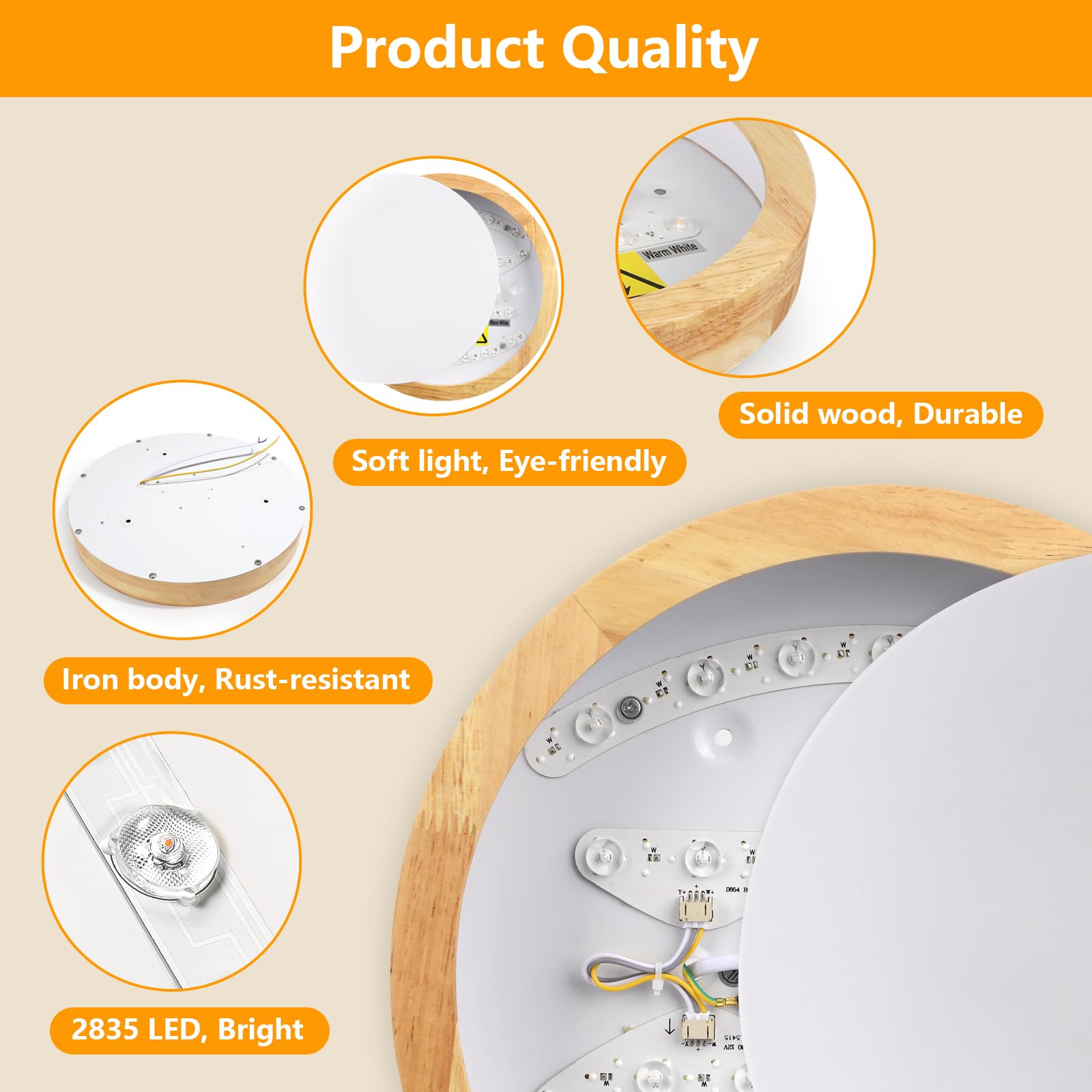 LED Deckenleuchte 24 W, Deckenlampe Holz ∅ 30 cm, Schlafzimmerlampe