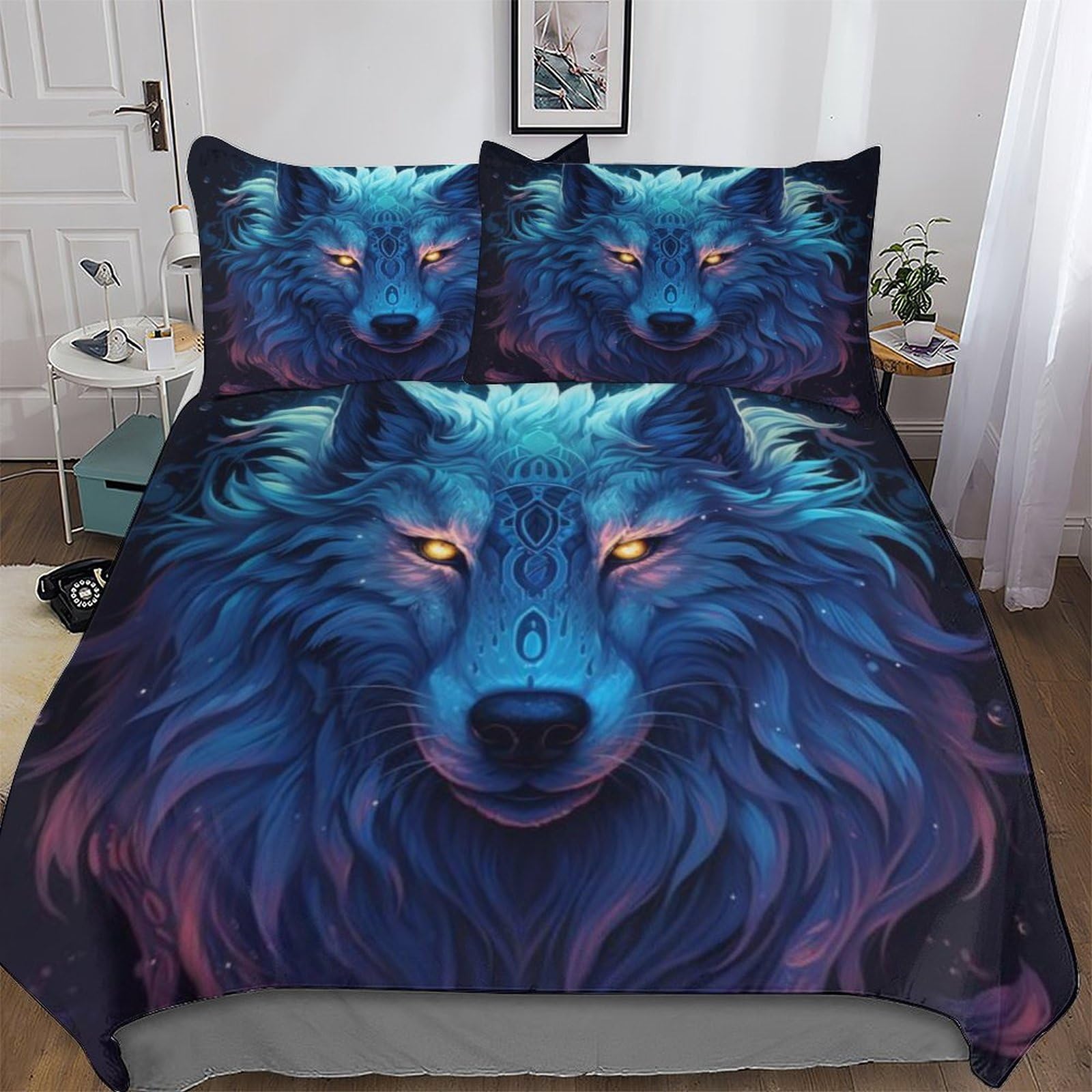 Parure de lit loup 3D avec housse de couette 220x240 cm et taies d'oreiller en microfibre