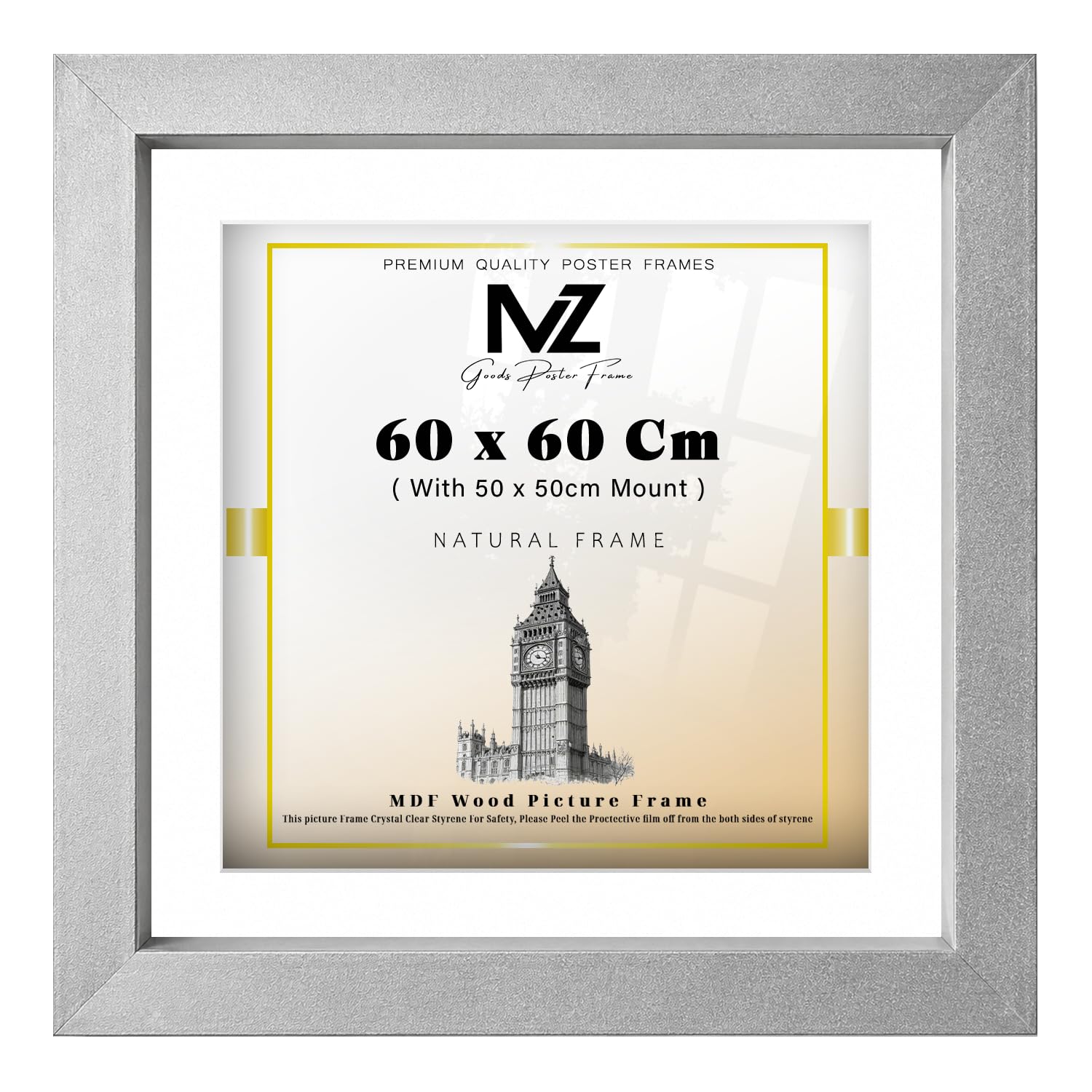 MZ GOODS | MDF Decorative Picture Frame (70 x 70 Cm) with 60 x 60 Cm White Mount Modern Wall Mount | 24" x 24" Diploma, Photo, Award, Office & Home Décor [ Silver ] — image 1