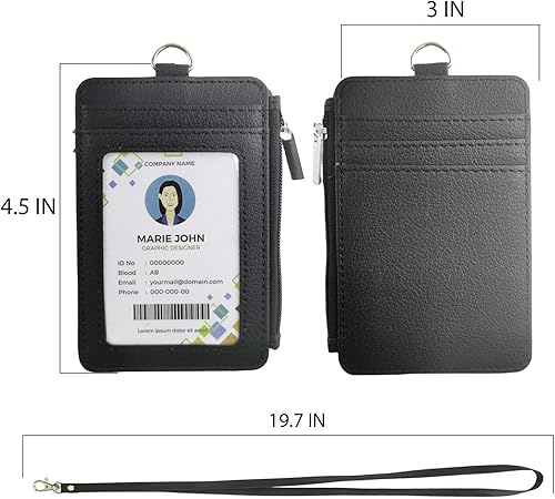 Miniatura 3 de Soporte para tarjetas de identificación negro con cordón, soporte vertical de piel sintética para tarjetas de identificación con 1 ventana de Negro