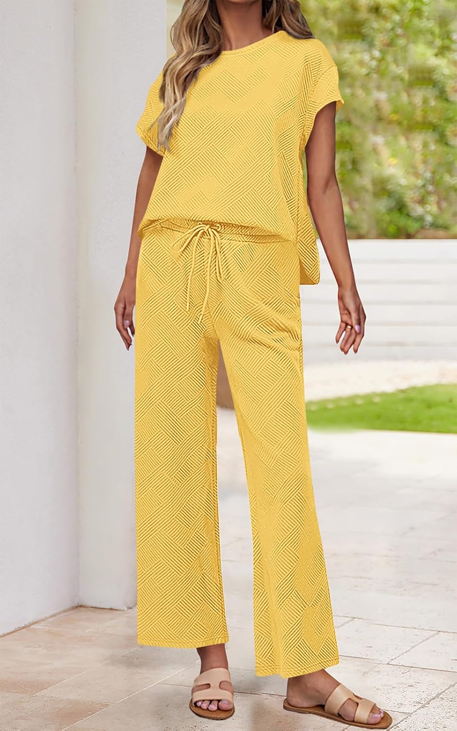 PRETTYGARDEN 2 Piece Outfits For Women Casual Tracksuit Short Sleeve Tops And Wide Leg Long Pants Matching Lounge Sets - Image 2