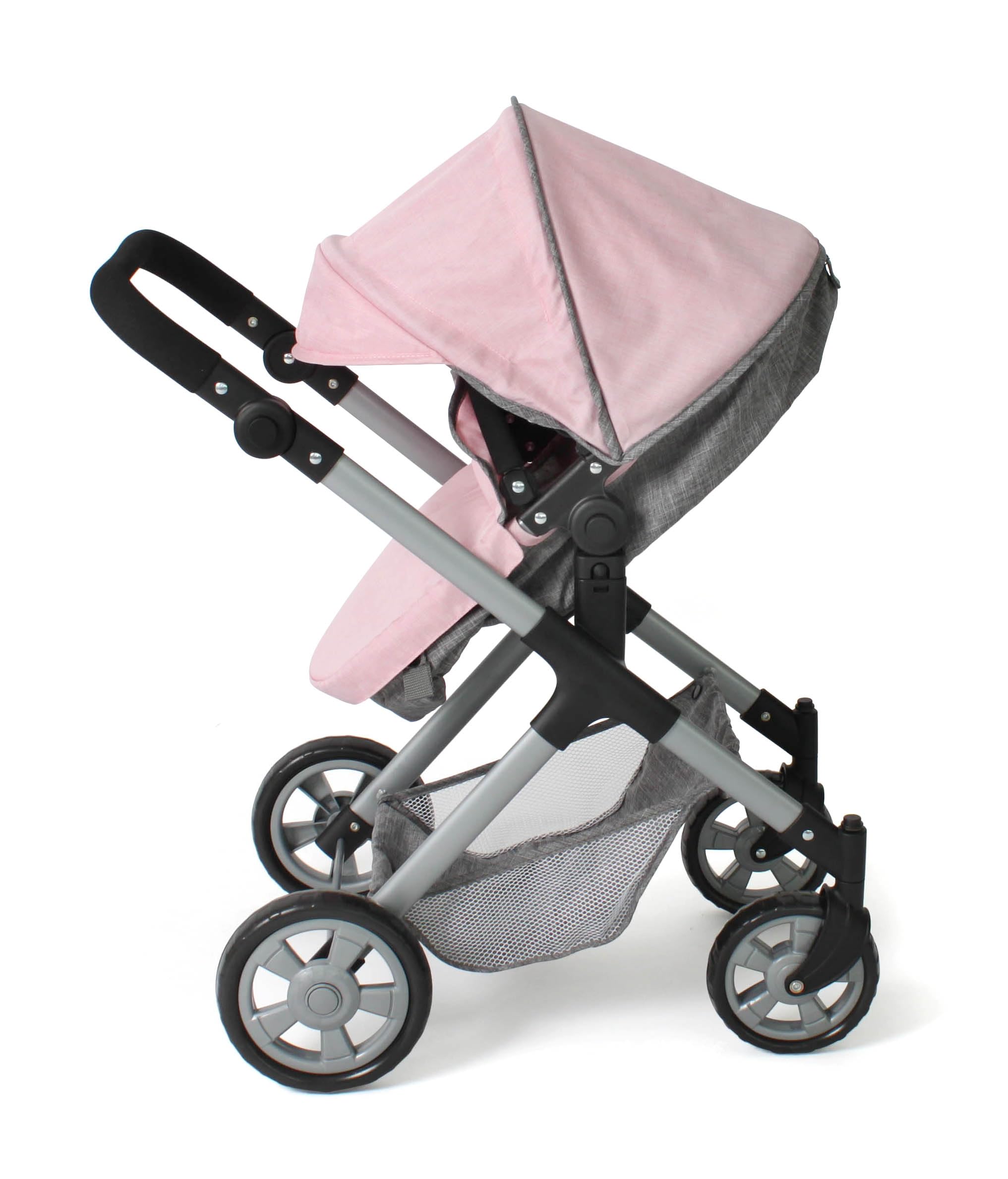 Bayer Chic 2000 Cochecito de muñecas Mila 2 en 1, Color Gris y Rosa, Mango Regulable en Altura de 39 a 72 cm, Estructura Moderna, muñecas de hasta 50 cm, 3-7 años