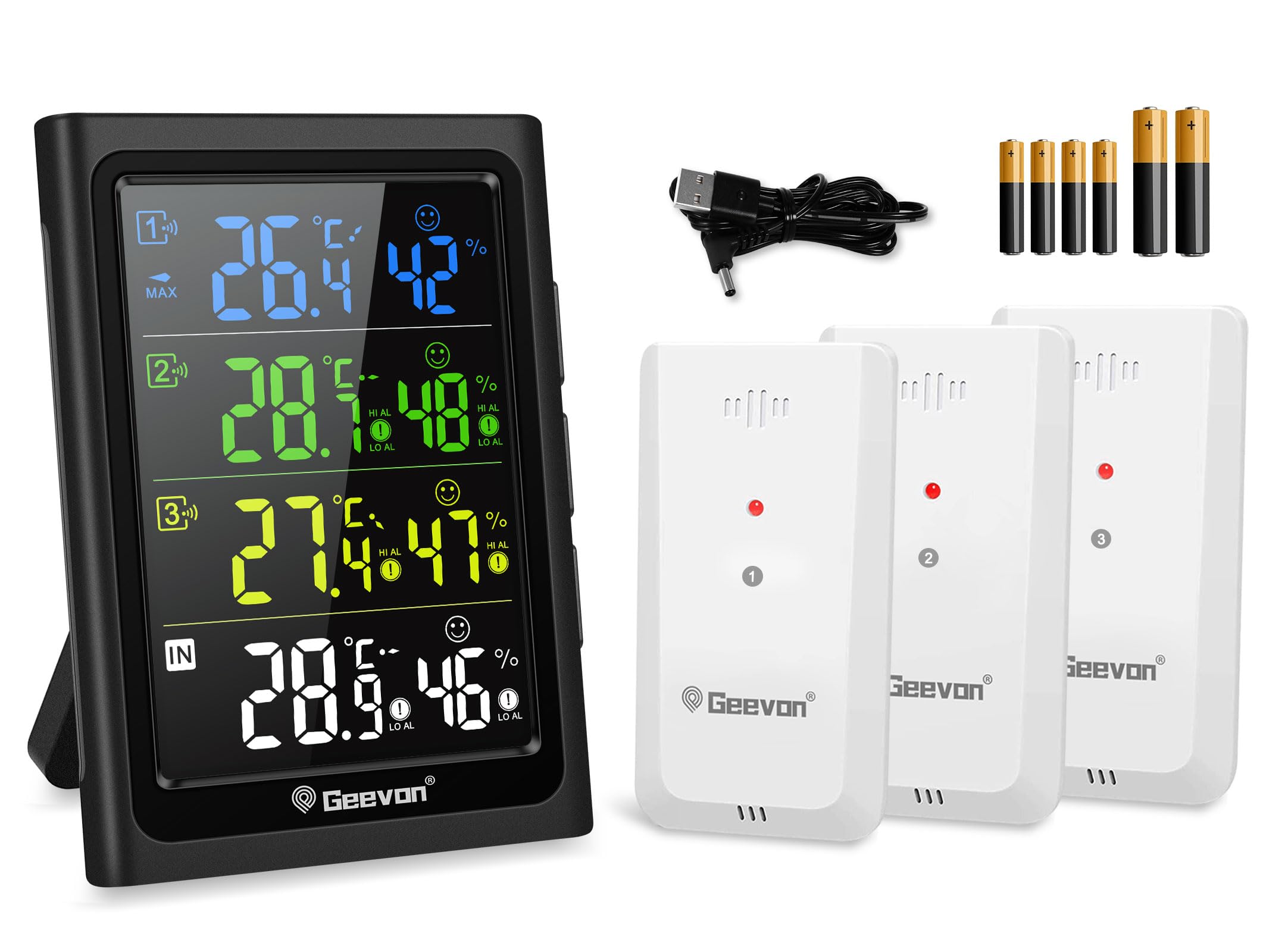 Geevon Thermomètre intérieur extérieur sans fil avec 3 capteurs à distance, hygromètre électronique, jauge de température avec portée de 60m Conditions sans obstruction