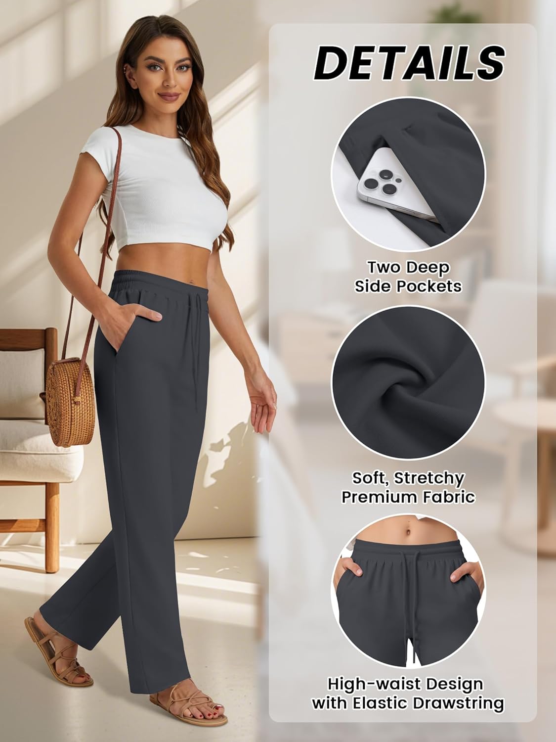 Womens Wide Leg Casual Pants High Waisted Lounge Pants Comfy Business Work Pants with Pockets - Image 4