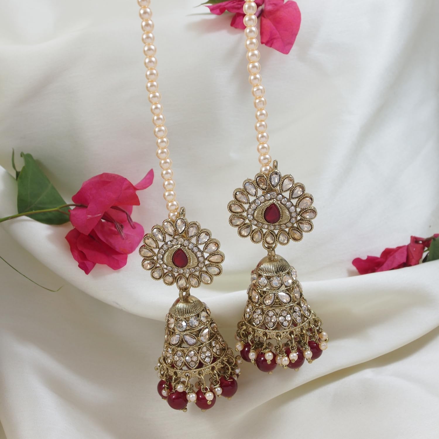 I Jewels Gold Plated Traditional Kundan & Pearl Jhumka Earrings With Attachable Ear Chain For Women