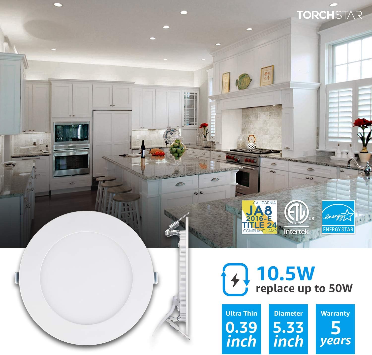 Super Brands TORCHSTAR 4 Inch Slim LED Recessed Light with Junction Box, 10.5W Dimmable Panel Downlight, CRI90, 4000K Cool White, ETL & Energy Star Certified, White, Pack of 6