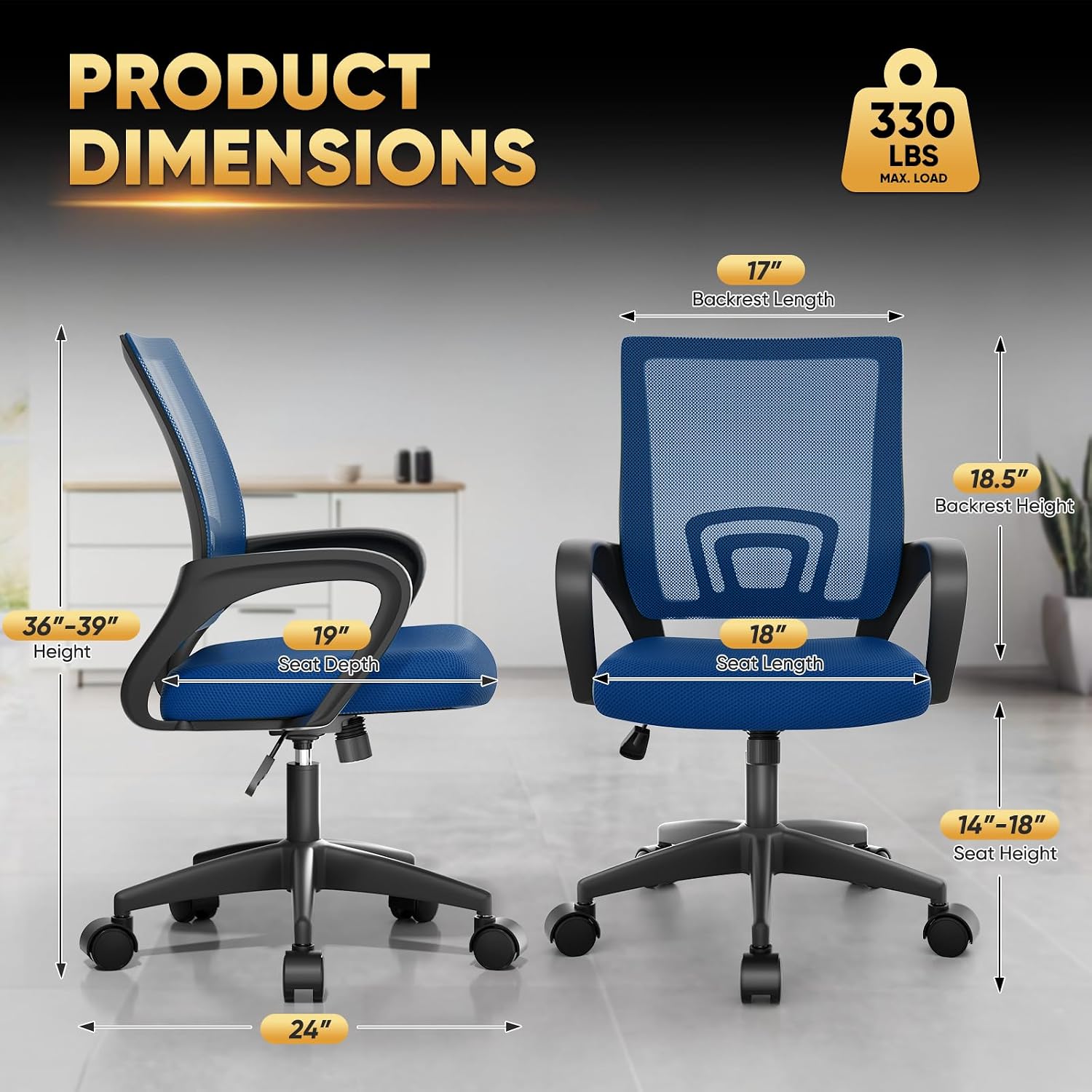 Magshion Ergonomic Office Desk Chair, Mid-Back Mesh Computer Chair, Swivel Chair with Breathable Backrest & Lumbar Support, Adjustable Height for Gaming, Work, Study, 300 Lbs Capacity, Navy Blue - 3