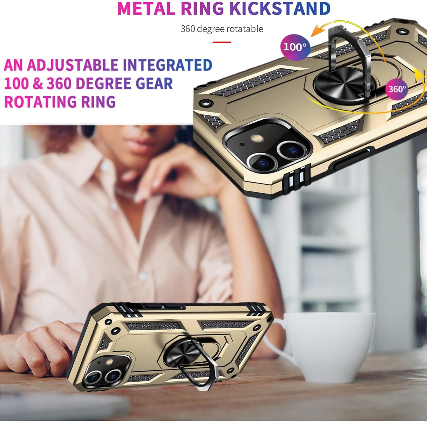 STARSHOP for iPhone 12 Mini Case, with [Tempered Glass Screen Protector Included], Military Grade Shockproof Drop Protection Phone Cover with Metal Ring Kickstand Gold