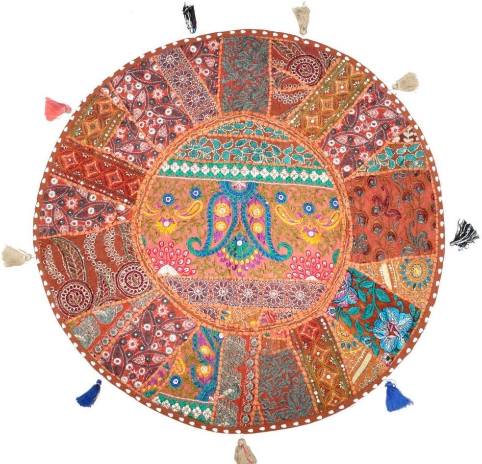 Sophia Art Round Floor Pillow Cushion Patchwork Pouf Ottoman Vintage Indian Foot Stool Bean Bag Floor Pillow Cover Home Decor Living Room Ottoman Bohemain Pillows (Brown, 32 Inch)