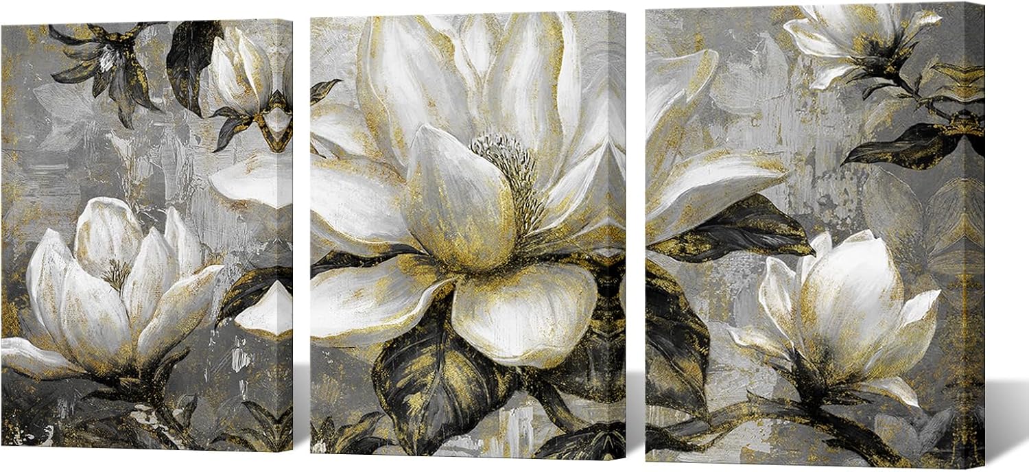 Muzenso 3 Piece Floral Canvas Wall Art Set of 12x16 Inch Neutral Magnolia Style Prints Abstract Flower Artwork Stretched Canvas for Living Room Bedroom Bathroom Home Decor Ready to Hang