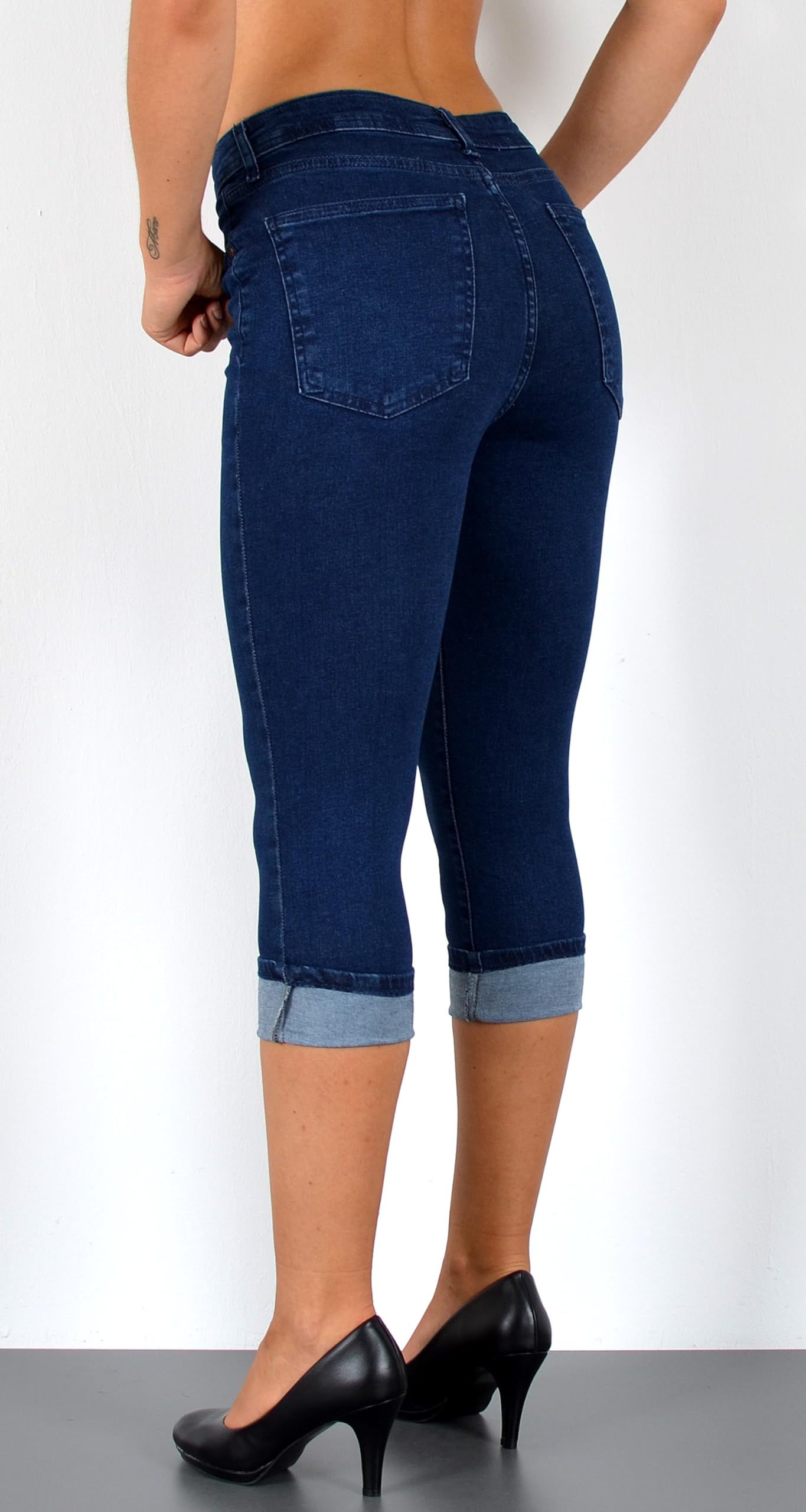 ESRA Damen Capri Hose Damen High Waist Caprihose Kurze Jeans Hose hoher Bund bis Übergröße C21
