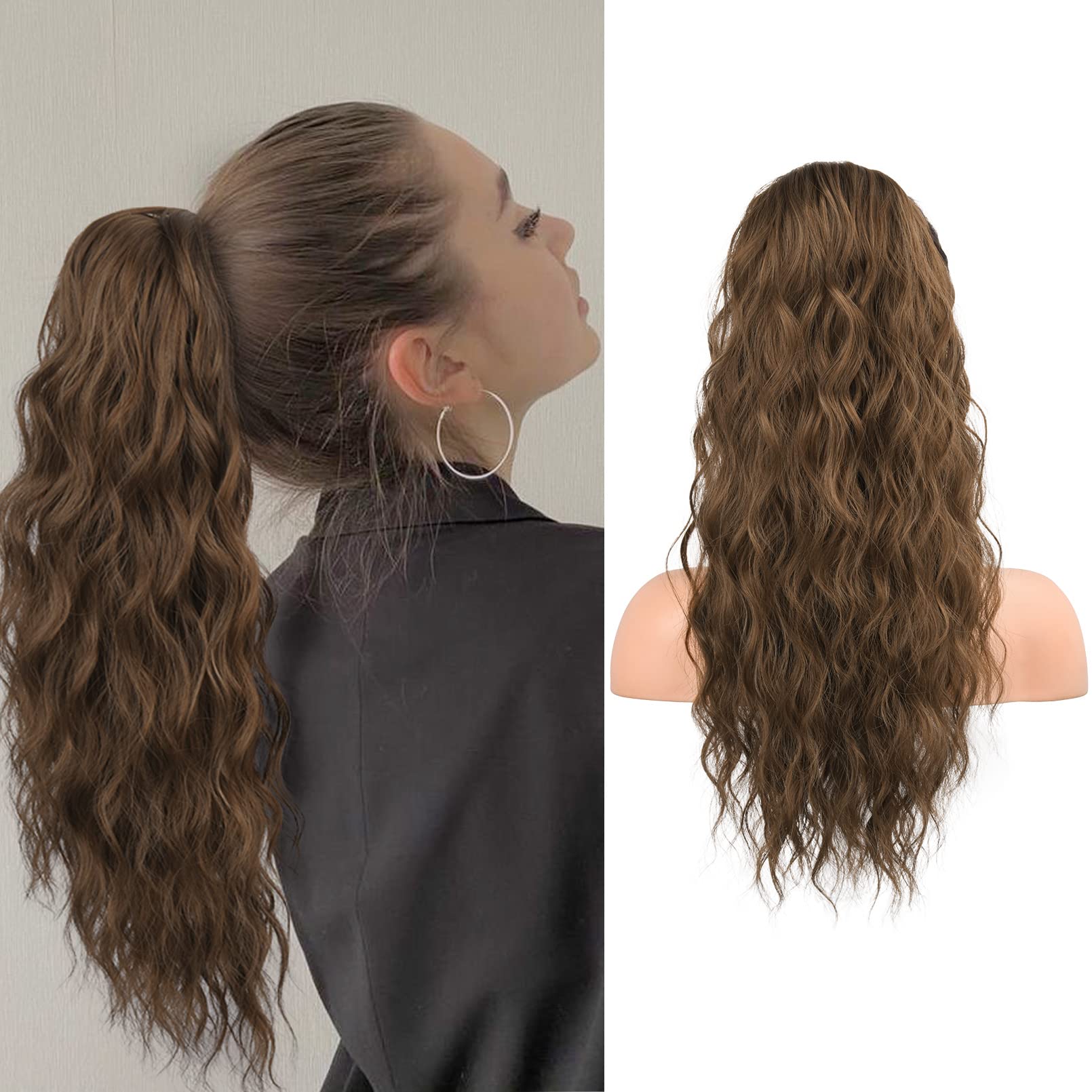 flufymooz ponytail extension, 22 inch drawstring ponytail hair extensions for women??îlong curly wavy ponytail natural wavy synthetic hairpiece for women daily use party (22 inch medium brown with medium auburn)