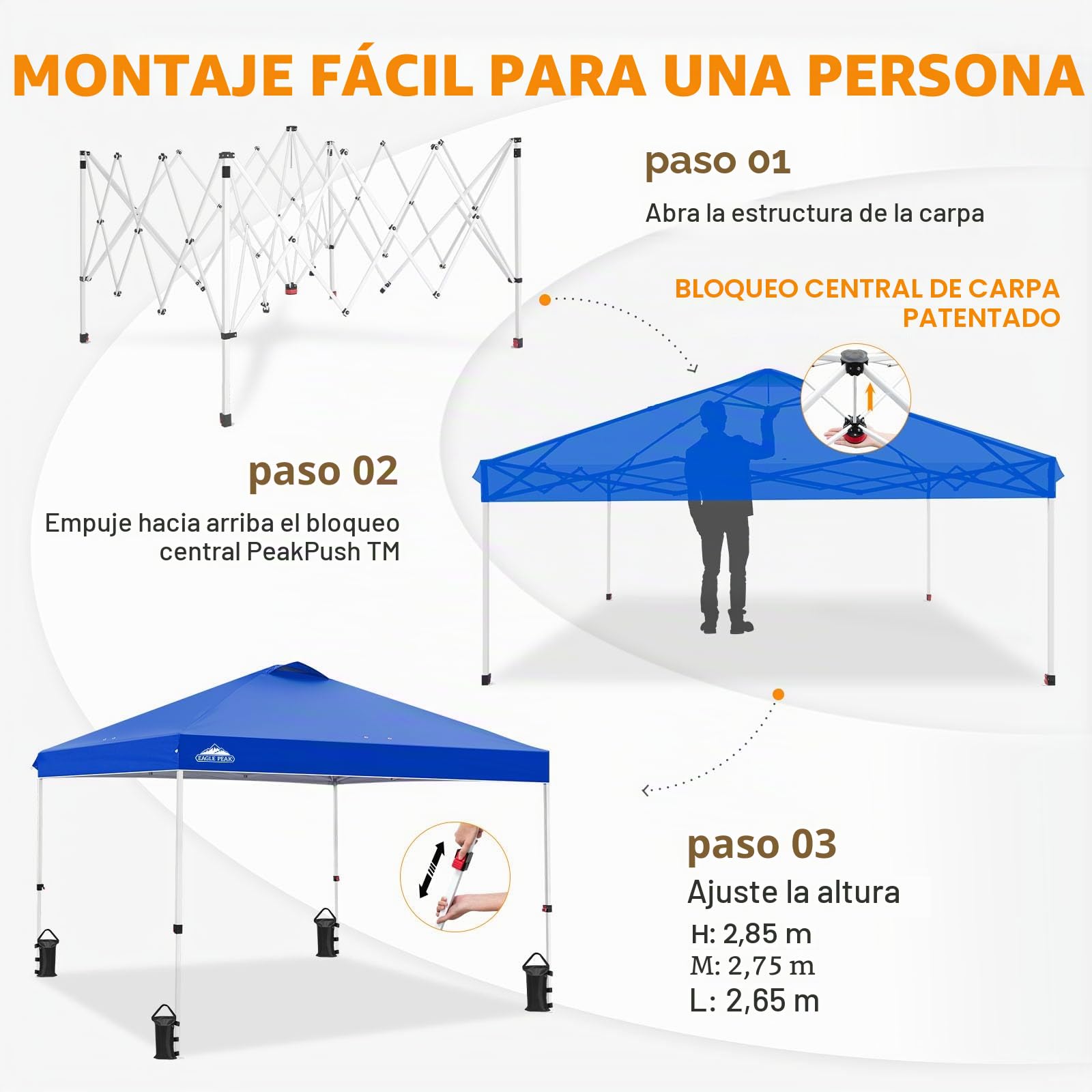 EAGLE PEAK Carpa Plegable con Bolsa con Ruedas, 8 Estacas, 4 Cuerdas, 4 Bolsas de Pesas, Montaje Fácil, 3x3 m, 9 m² de Sombra, Marrón