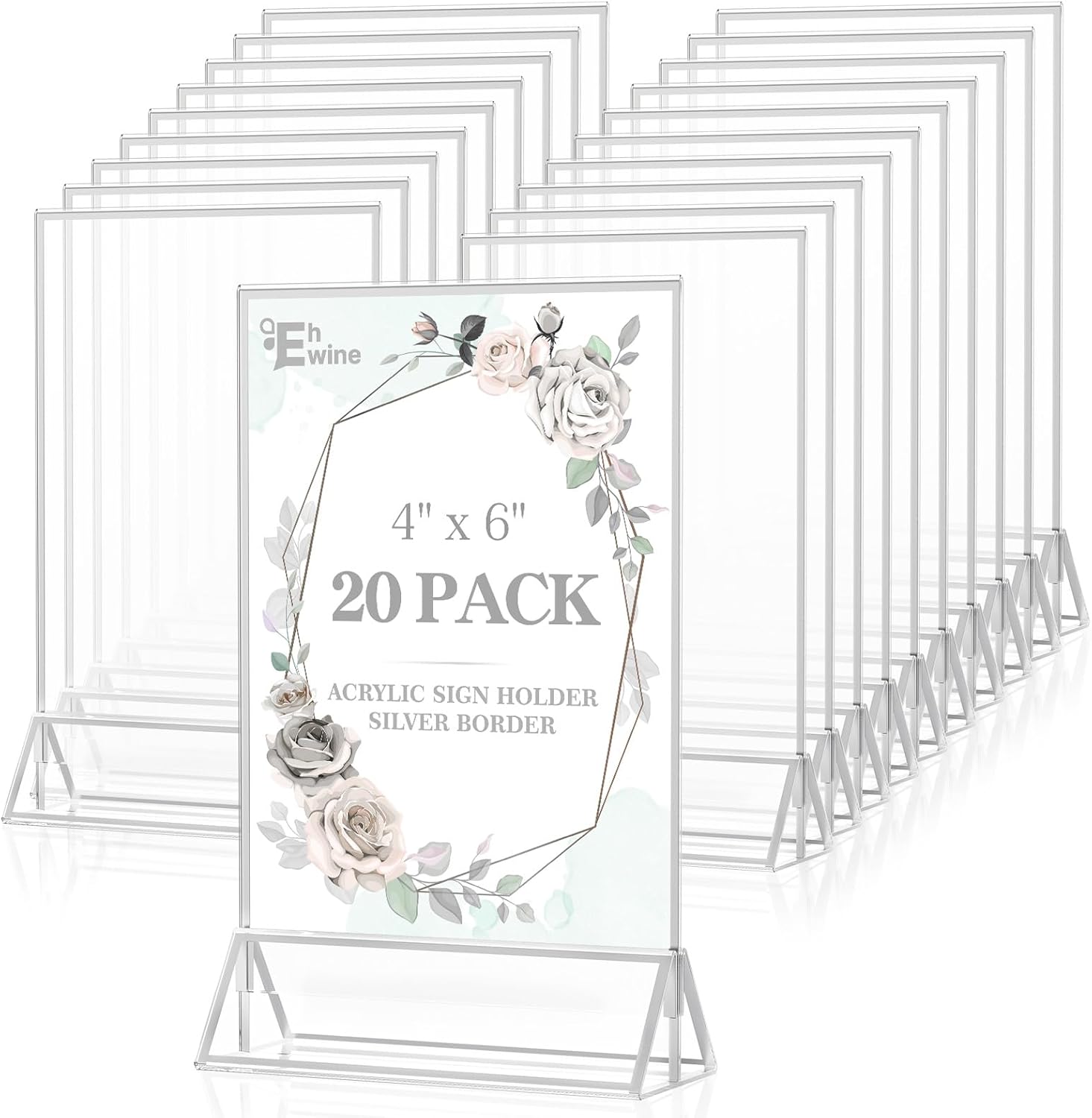 EHWINE 20 Pack Acrylic Sign Holder 4 x 6, Double Sided Silver Picture Frame Stand up Table Top Sign Holders, Clear Display Stand Menu Flyer Holder for Wedding Party Sliver
