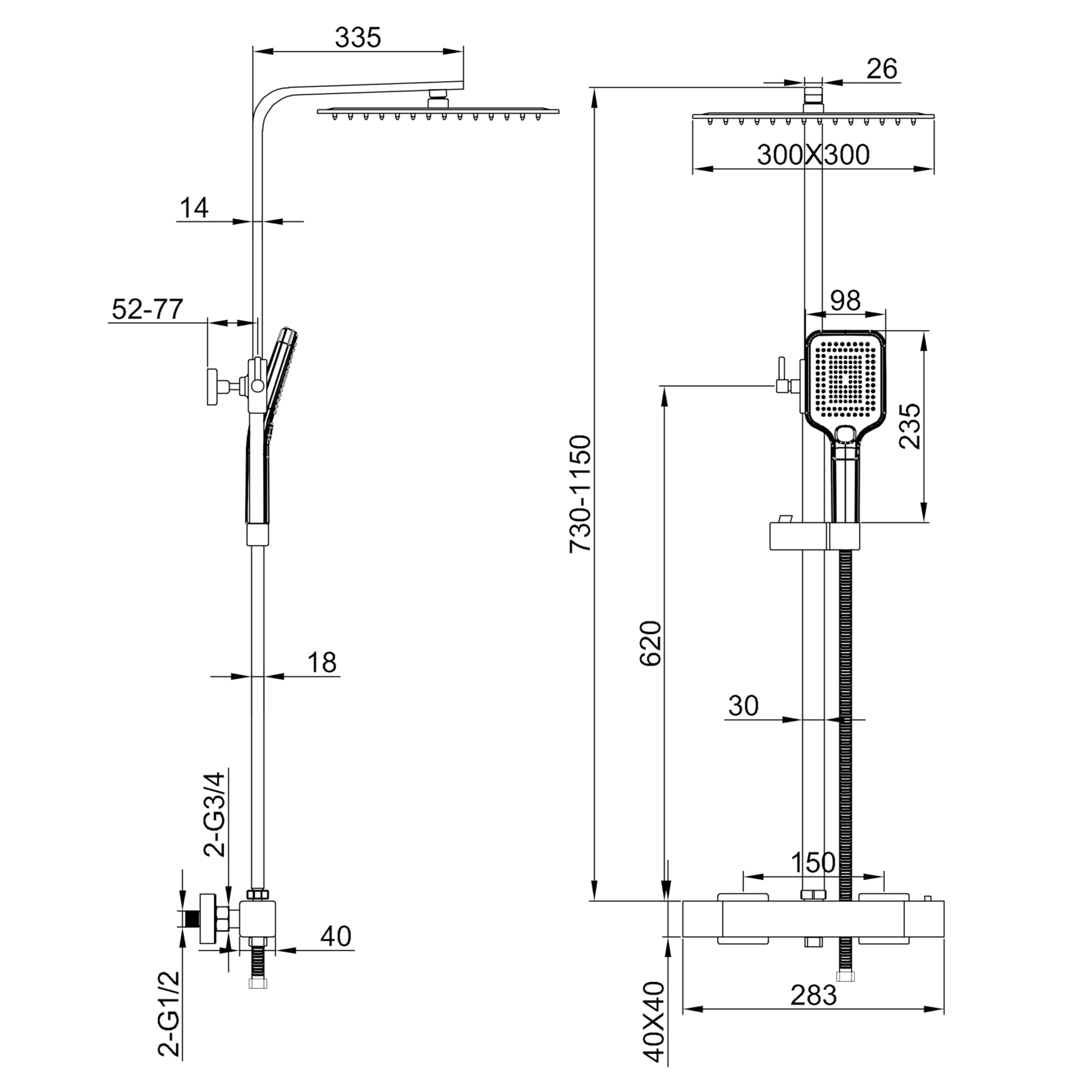 Aica Columna de Ducha Alcachofa Cuadrada con Termostato 30x30cm Rociador Superior Negro Mate Barra Regulable