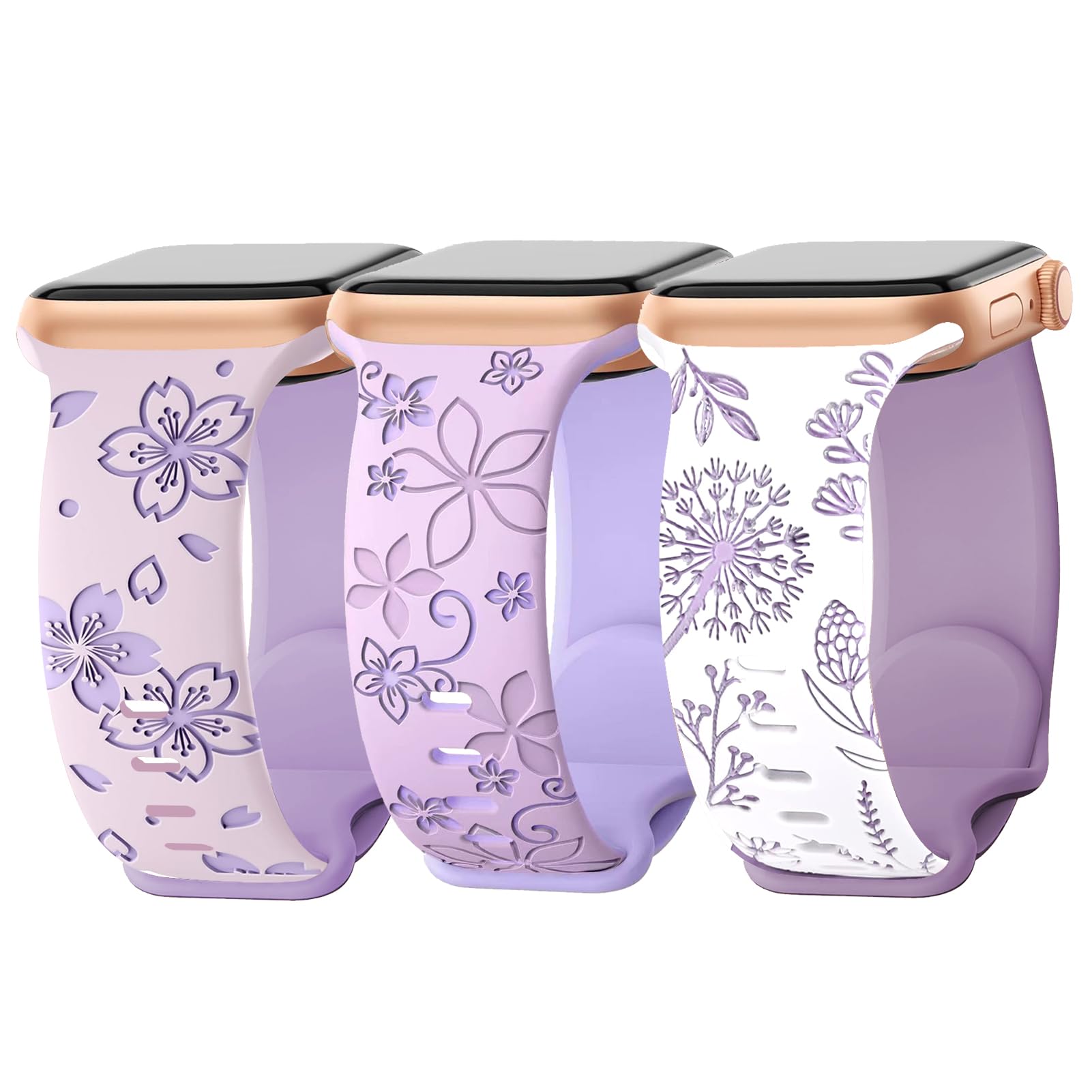 Shesyuki 3 Packs Floral Engraved Bands Compatible with Apple Watch Band 40mm 38mm 41mm 42mm 44mm 45mm 49mm Women, Cute Tw...